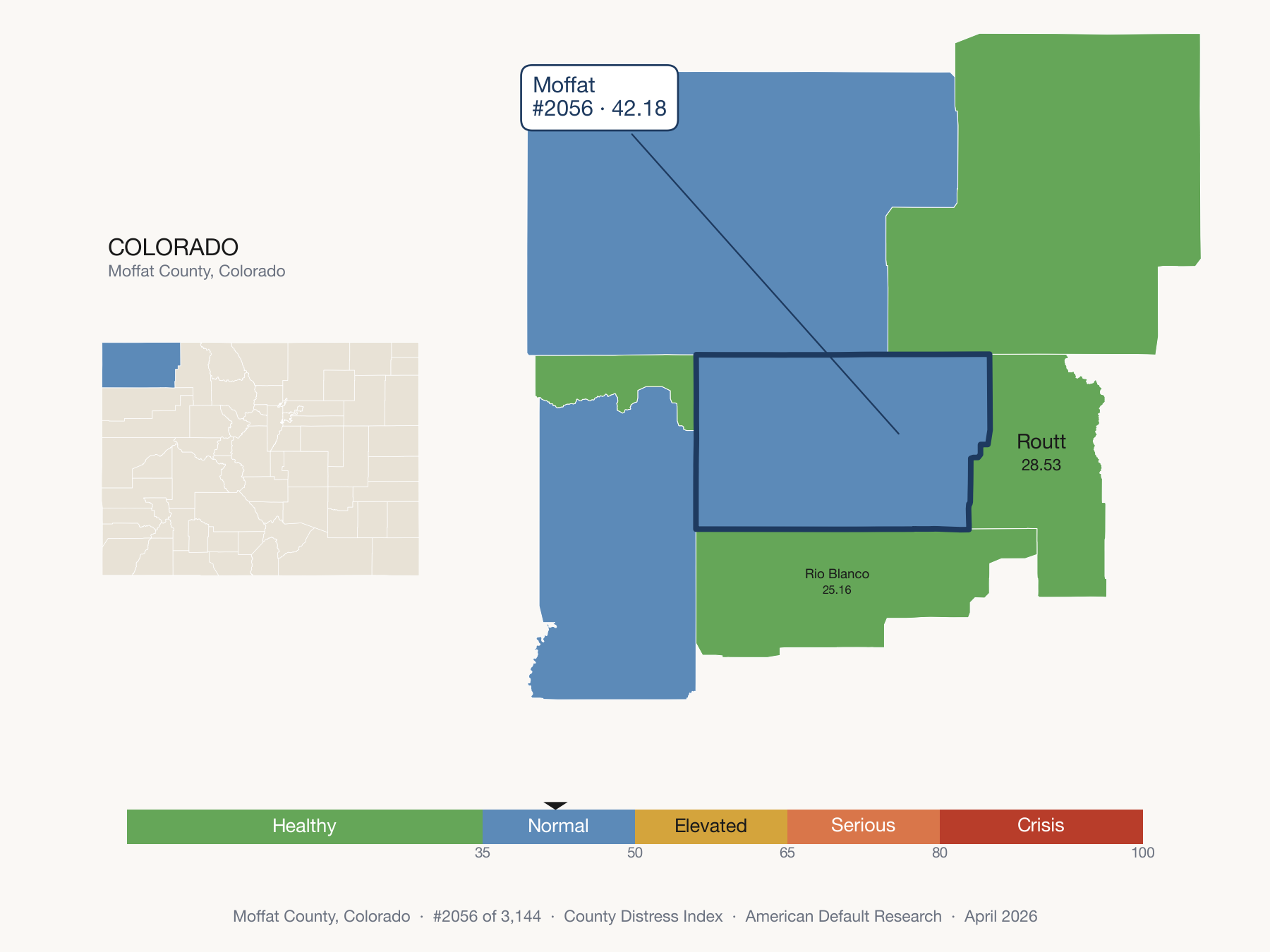 County Distress Index cluster map. Moffat County, Colorado and its neighbors colored by distress fifth.