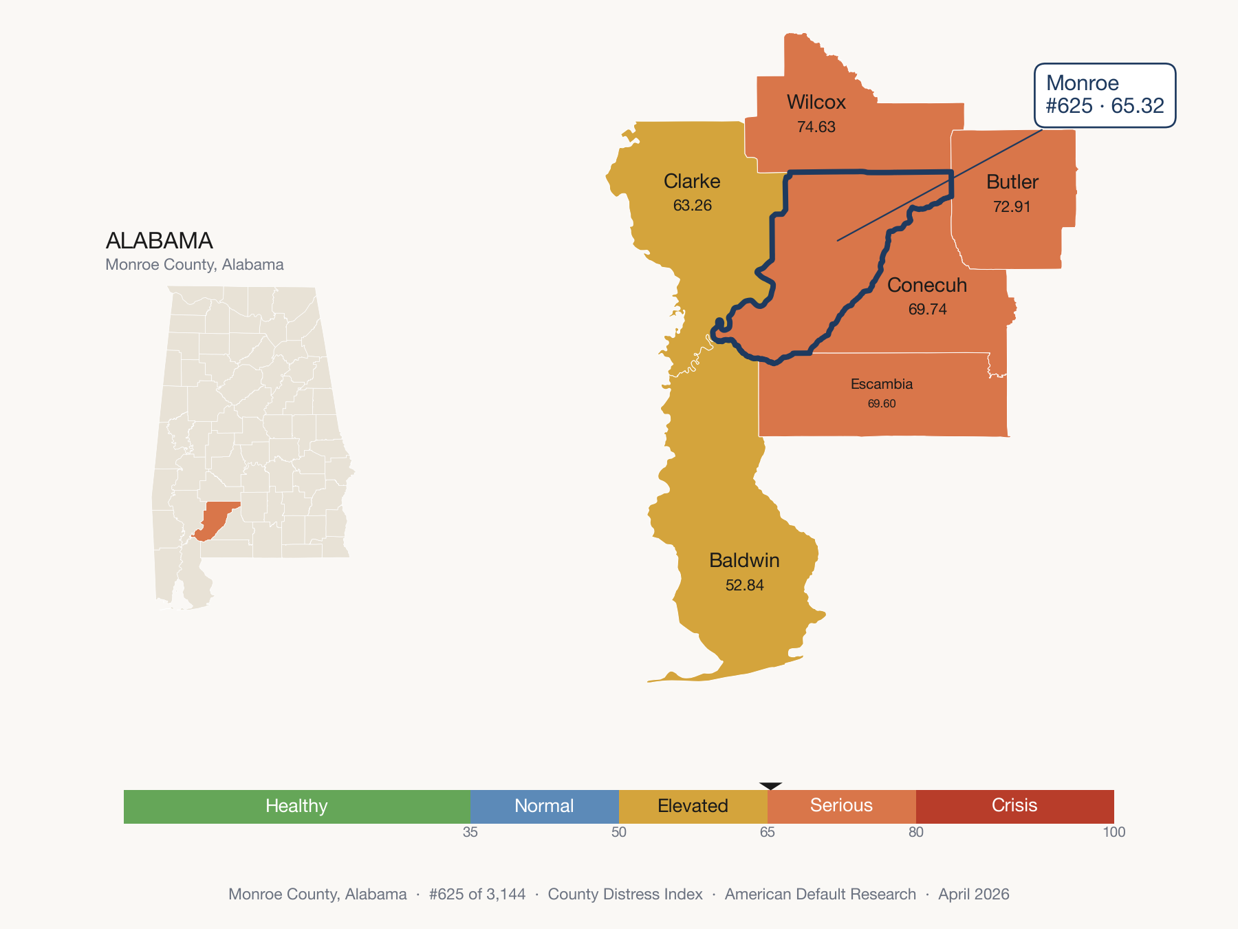 County Distress Index cluster map. Monroe County, Alabama and its neighbors colored by distress fifth.