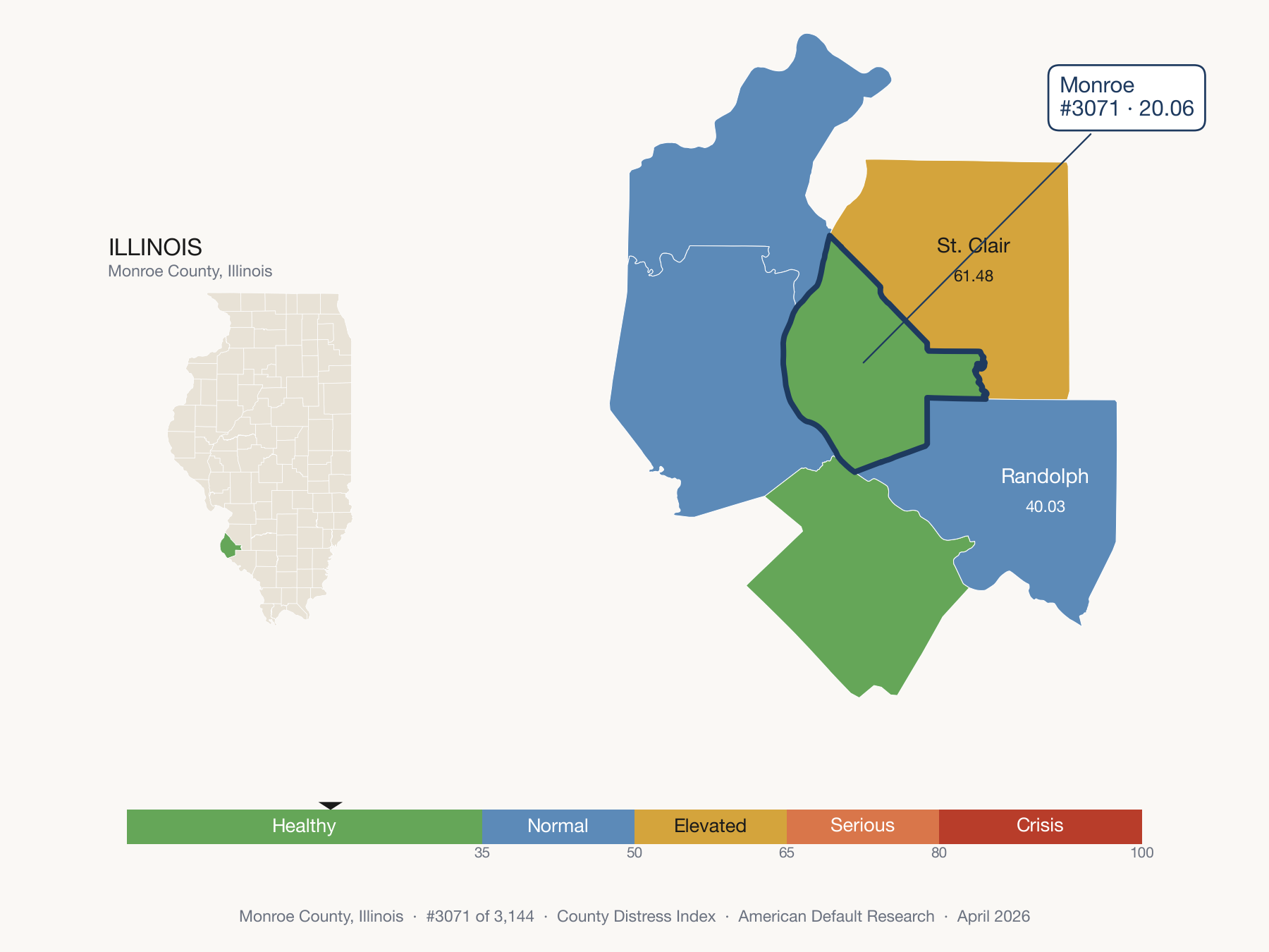 County Distress Index cluster map. Monroe County, Illinois and its neighbors colored by distress fifth.