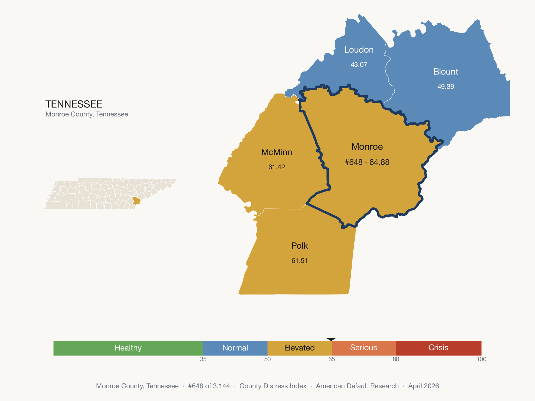 County Distress Index cluster map. Monroe County, Tennessee and its neighbors colored by distress fifth.