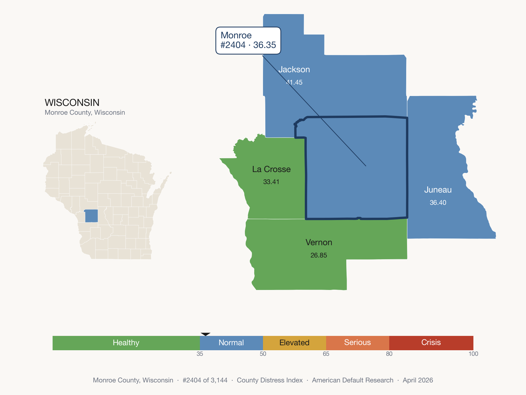 County Distress Index cluster map. Monroe County, Wisconsin and its neighbors colored by distress fifth.