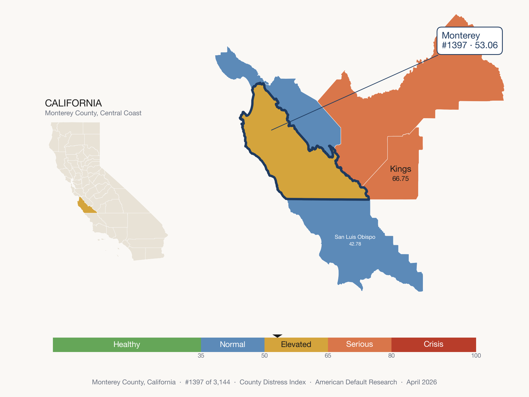 County Distress Index cluster map. Monterey County, California and its neighbors colored by distress fifth.