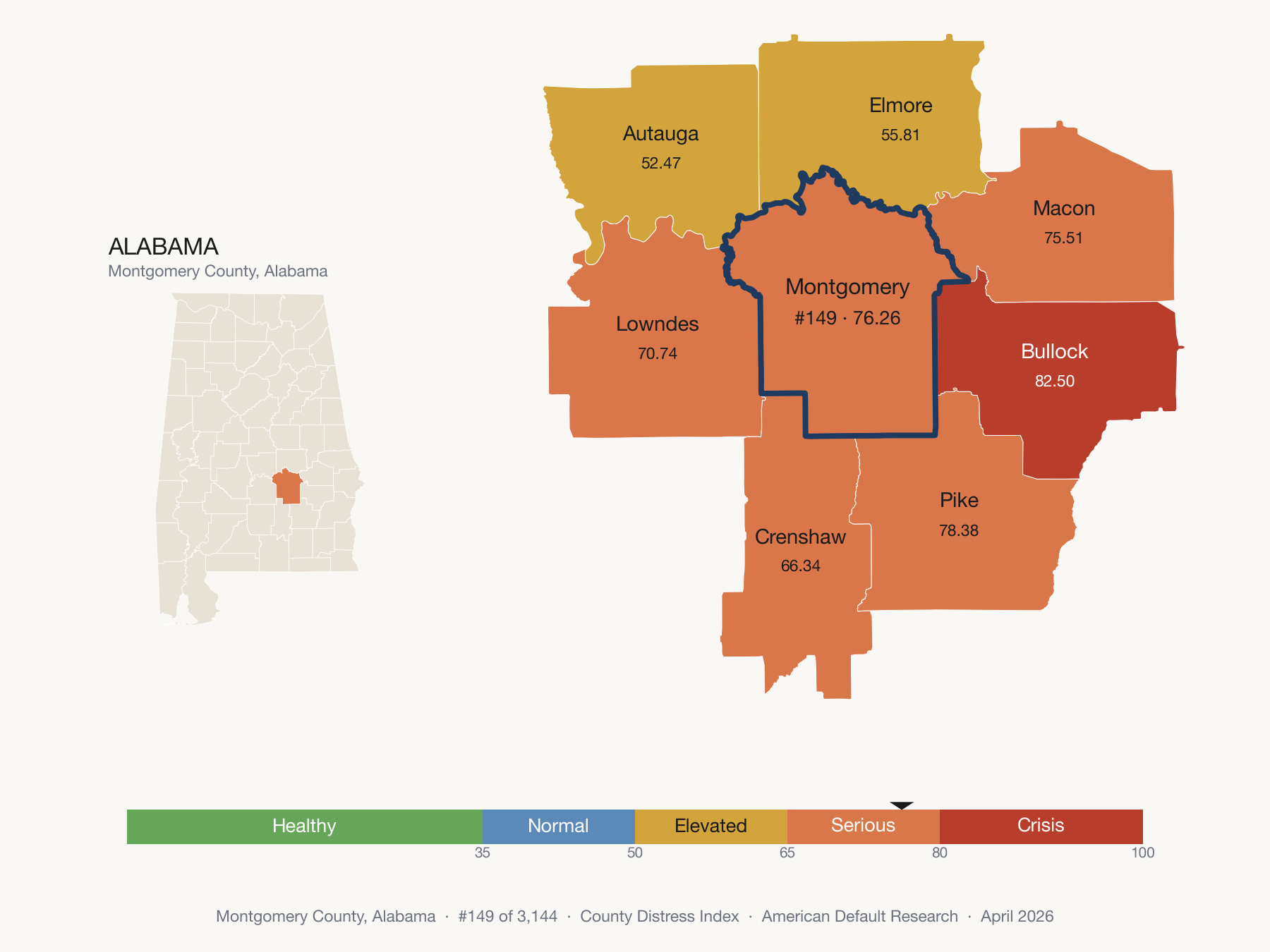 County Distress Index cluster map. Montgomery County, Alabama and its neighbors colored by distress fifth.