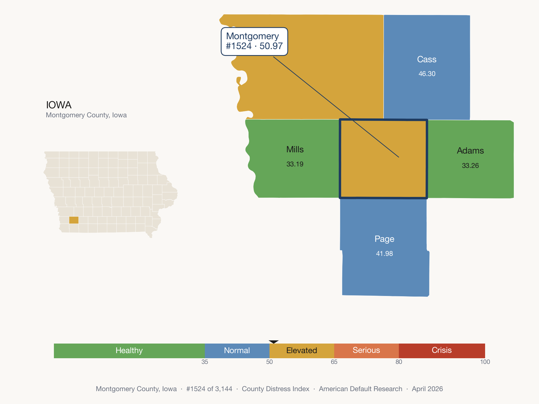 County Distress Index cluster map. Montgomery County, Iowa and its neighbors colored by distress fifth.