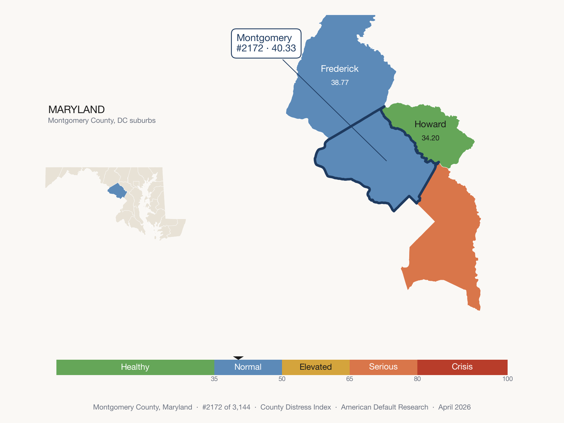 County Distress Index cluster map. Montgomery County, Maryland and its neighbors colored by distress fifth.