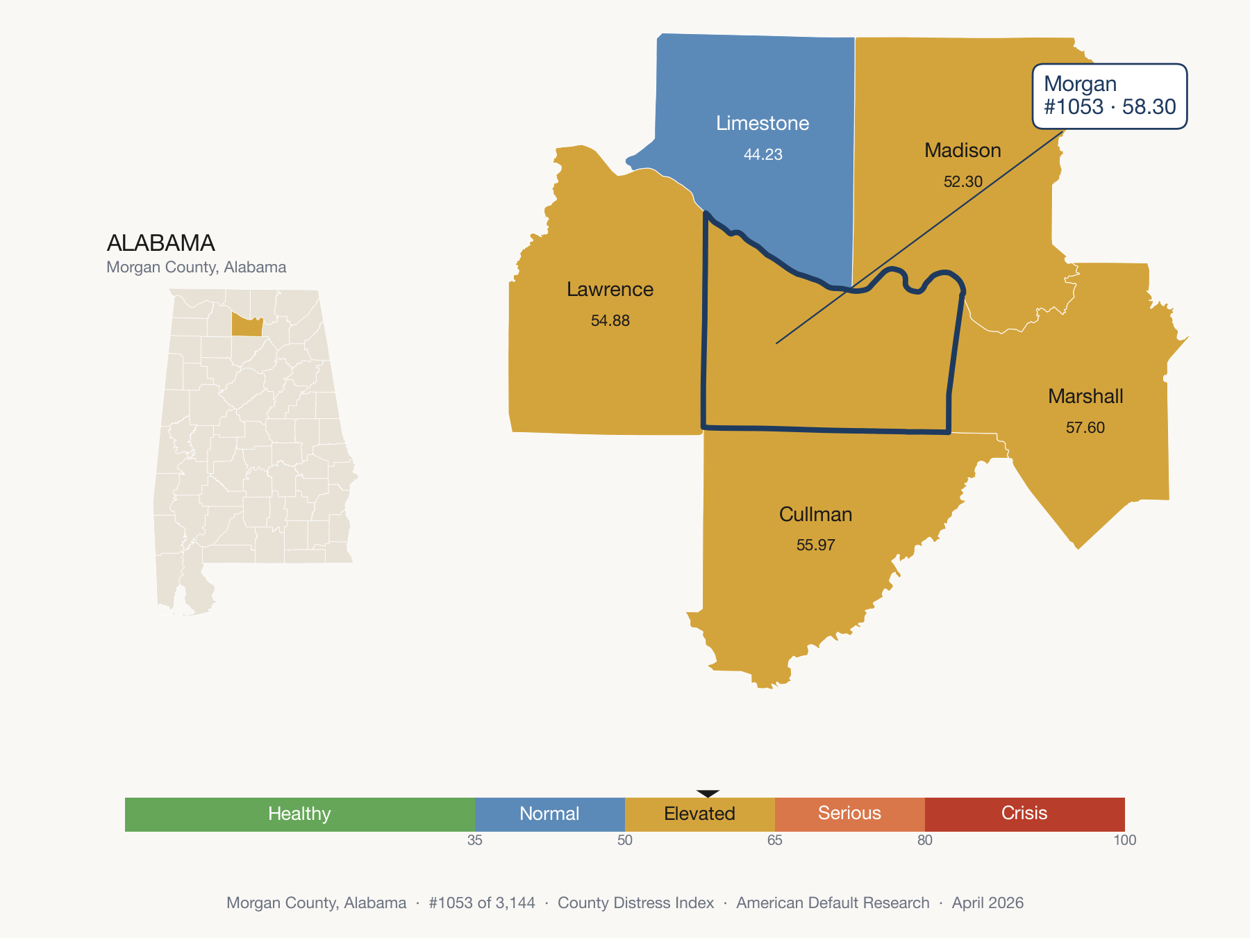 County Distress Index cluster map. Morgan County, Alabama and its neighbors colored by distress fifth.