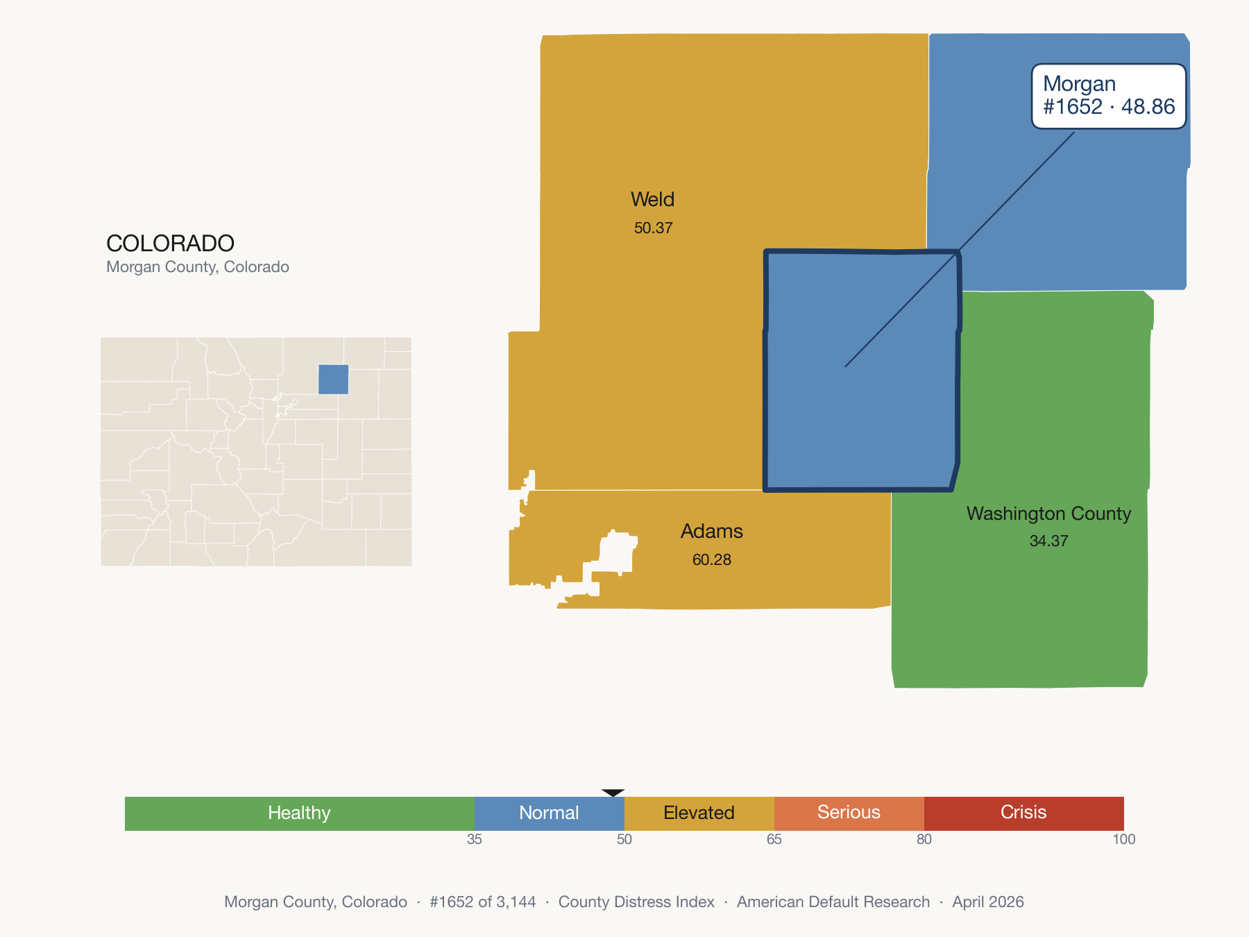 County Distress Index cluster map. Morgan County, Colorado and its neighbors colored by distress fifth.