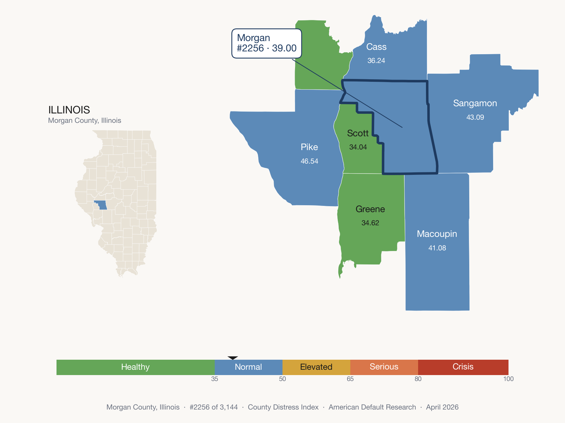 County Distress Index cluster map. Morgan County, Illinois and its neighbors colored by distress fifth.