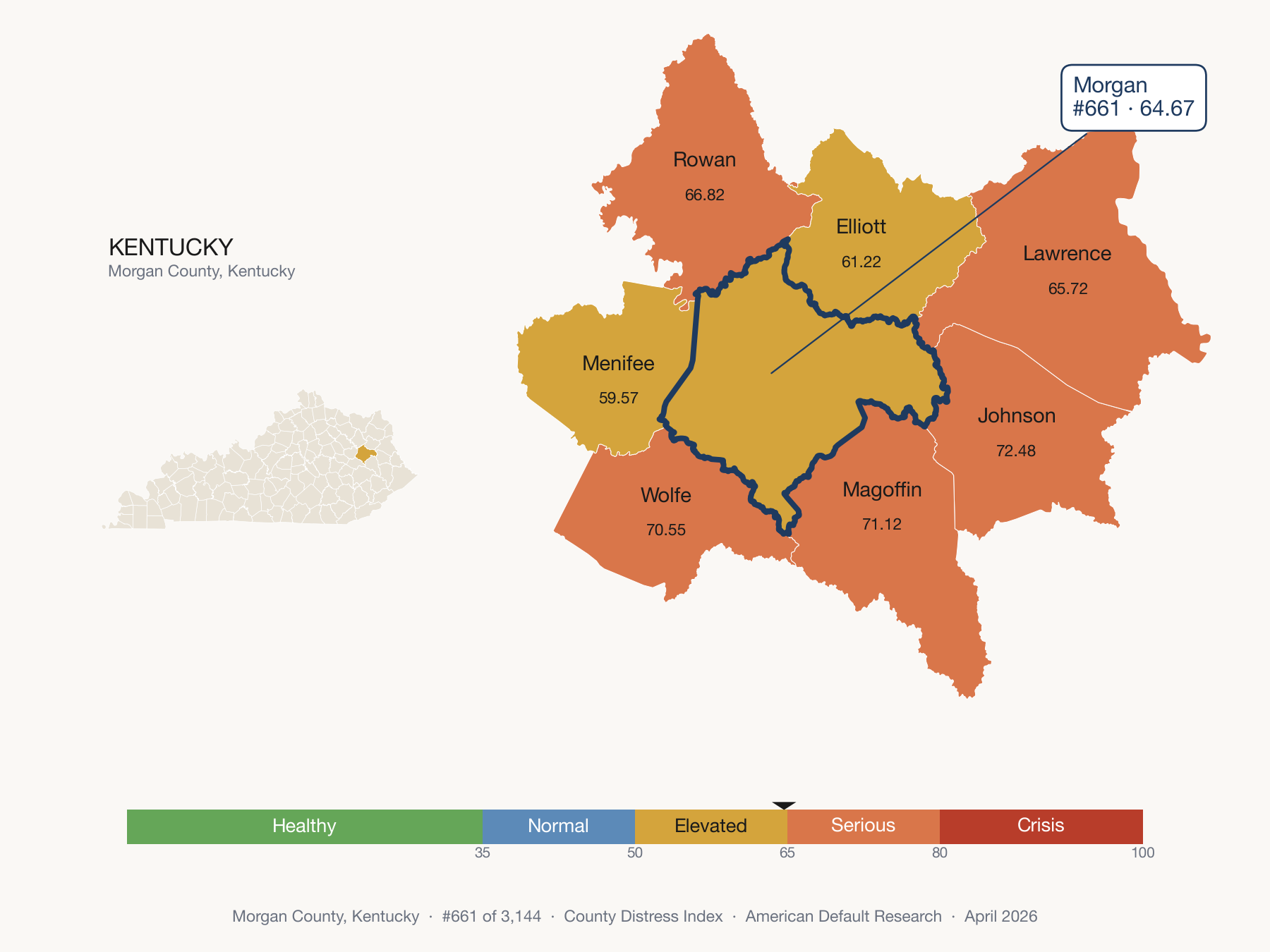 County Distress Index cluster map. Morgan County, Kentucky and its neighbors colored by distress fifth.