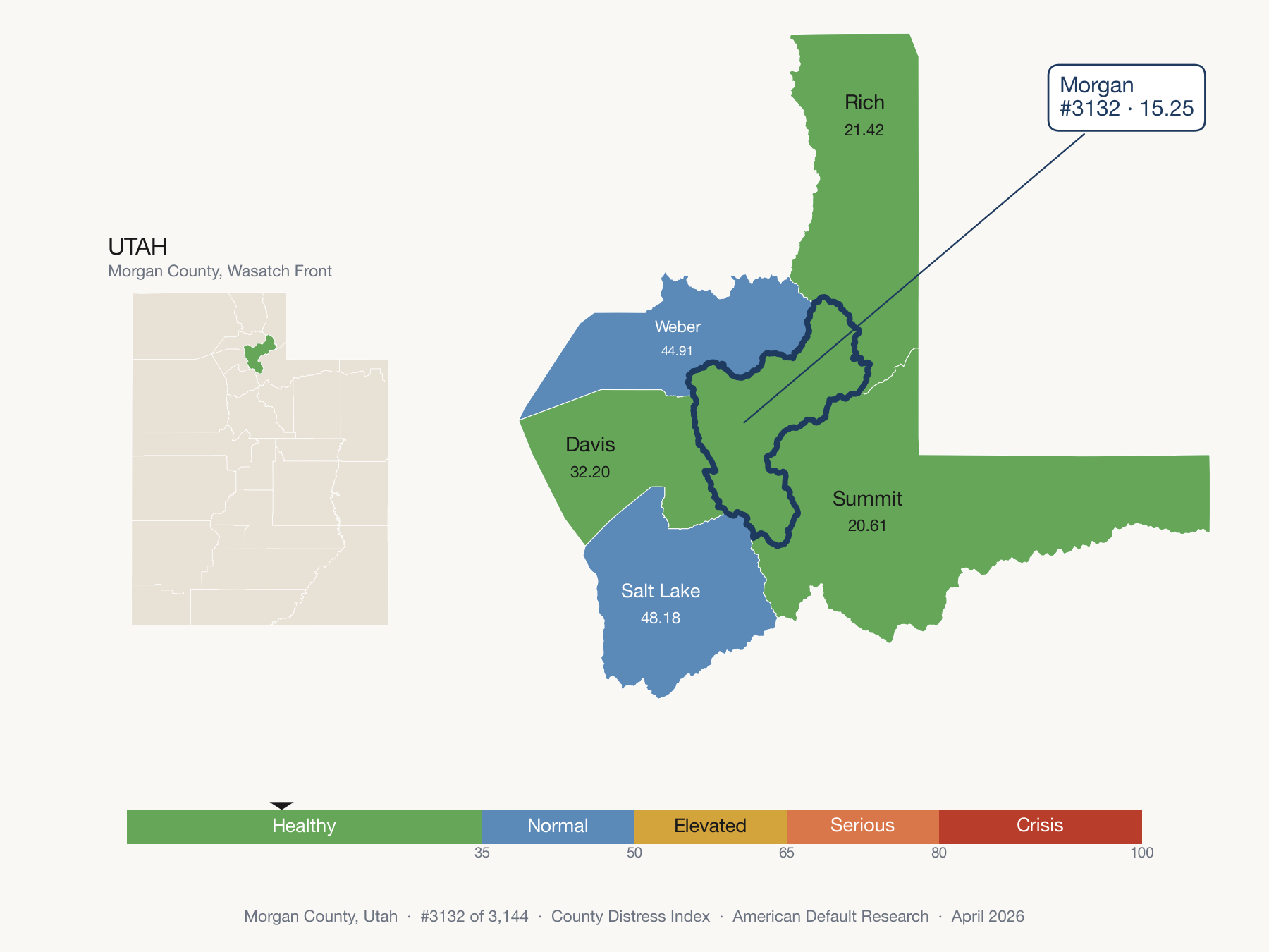County Distress Index cluster map. Morgan County, Utah and its neighbors colored by distress fifth.