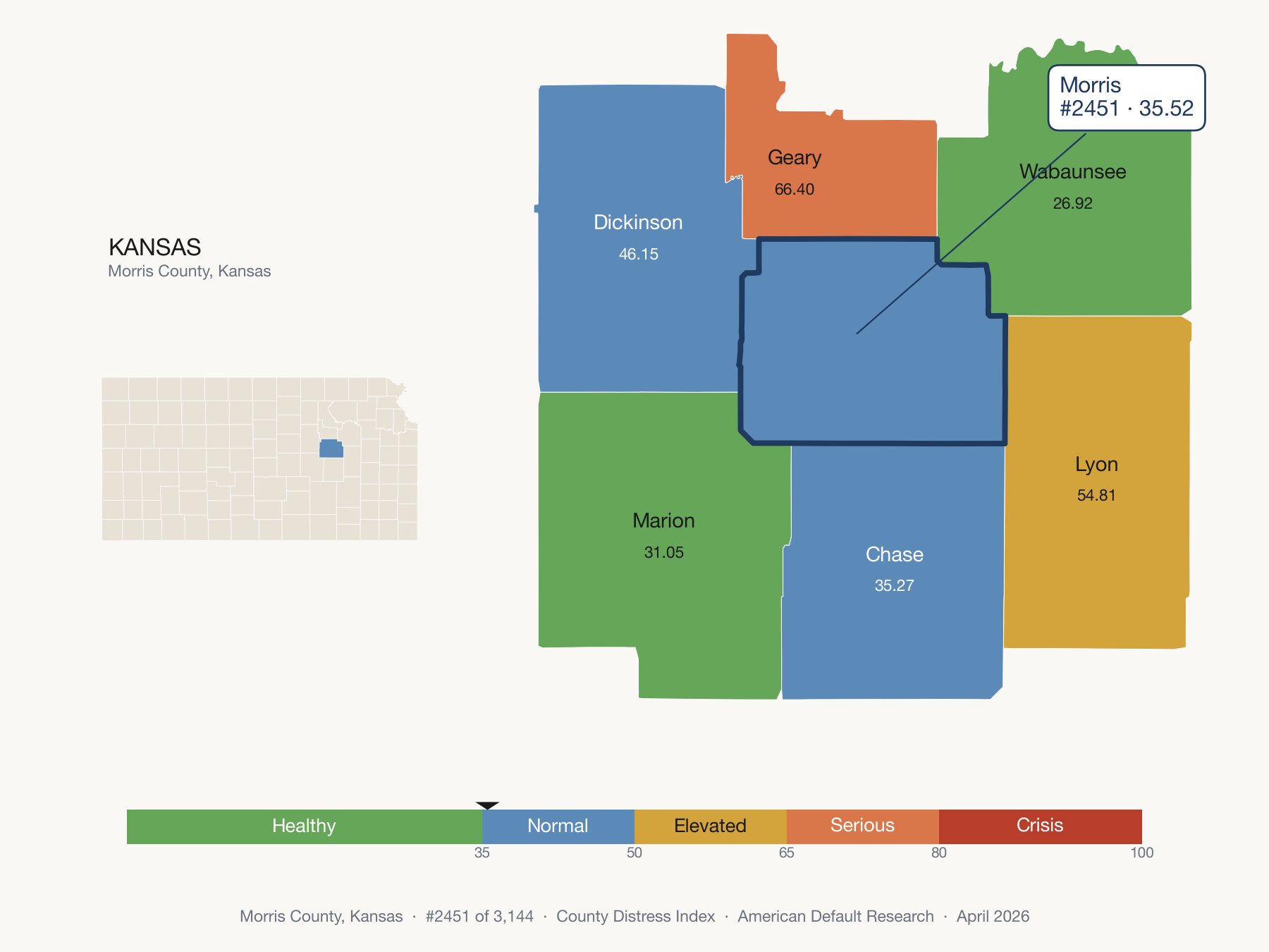 County Distress Index cluster map. Morris County, Kansas and its neighbors colored by distress fifth.