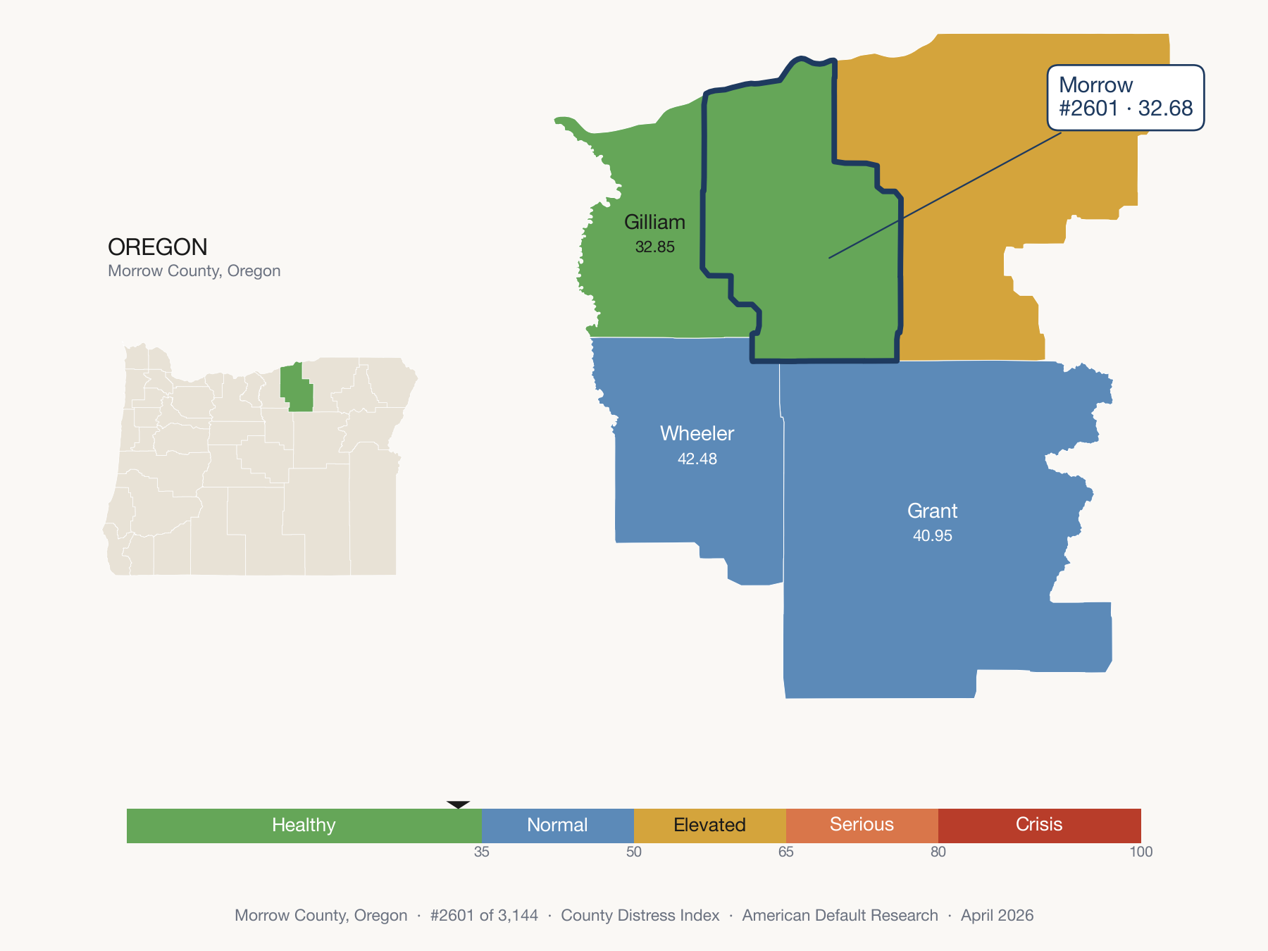 County Distress Index cluster map. Morrow County, Oregon and its neighbors colored by distress fifth.
