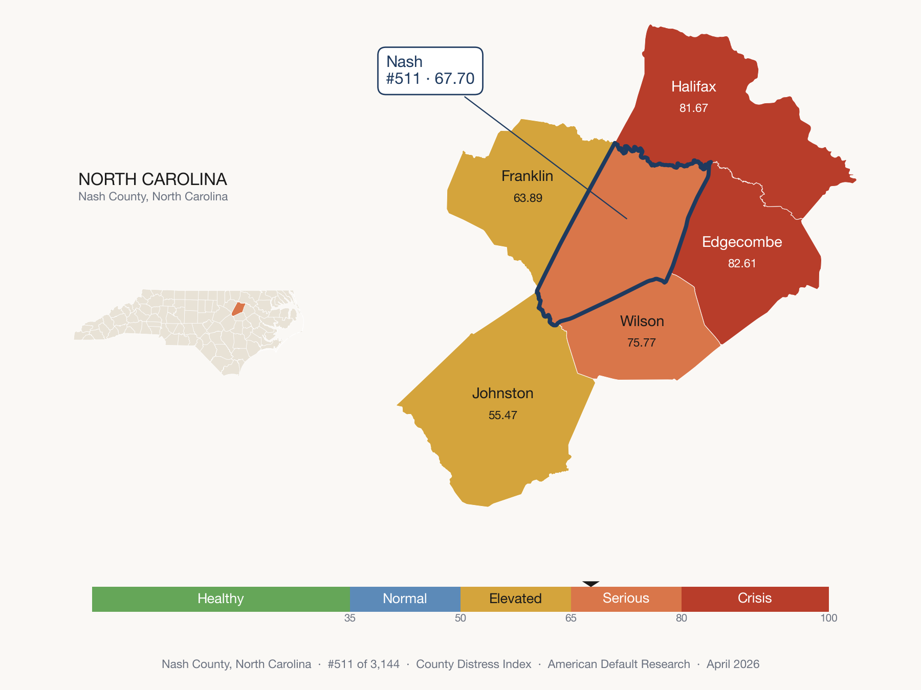 County Distress Index cluster map. Nash County, North Carolina and its neighbors colored by distress fifth.