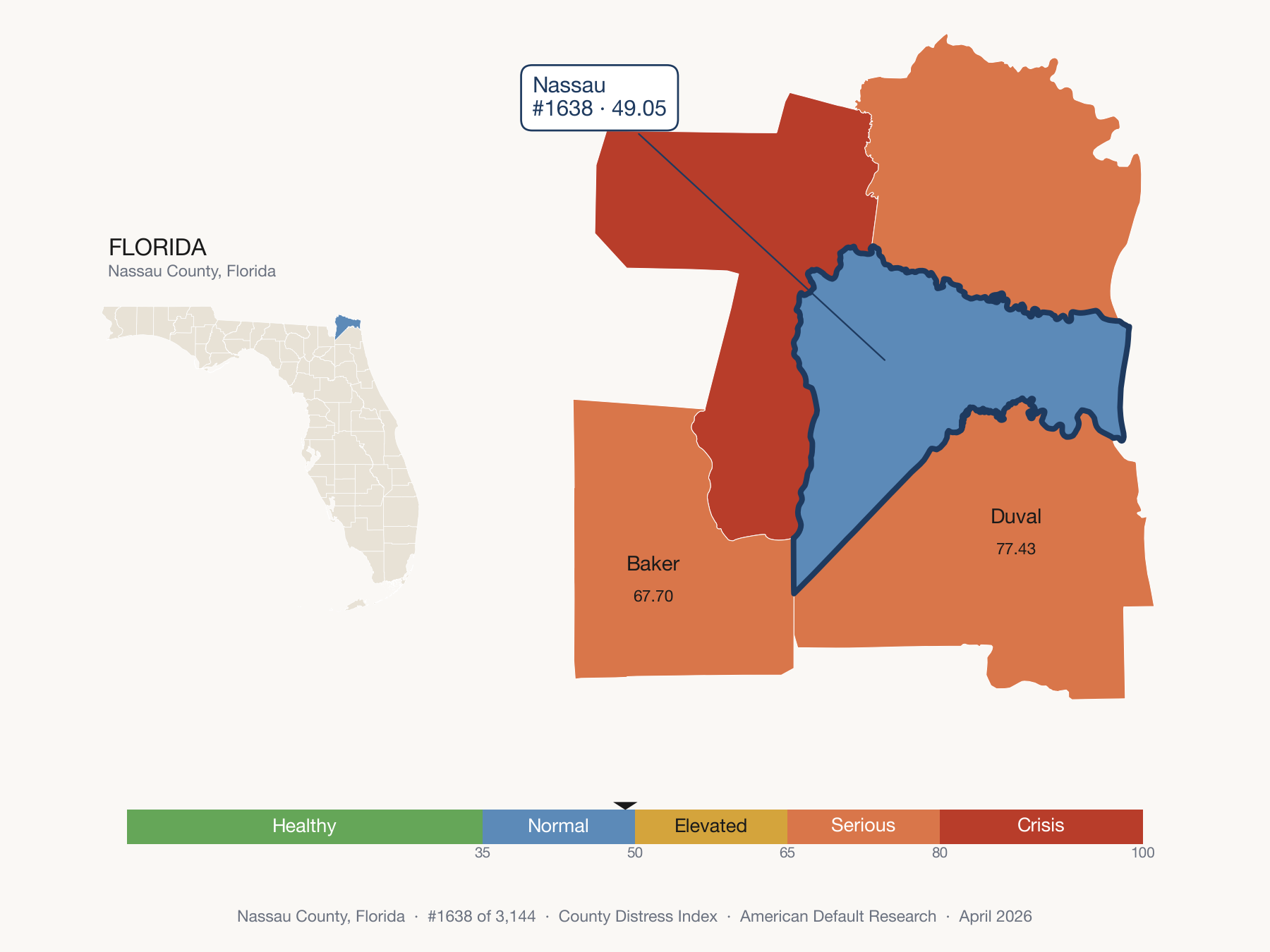 County Distress Index cluster map. Nassau County, Florida and its neighbors colored by distress fifth.