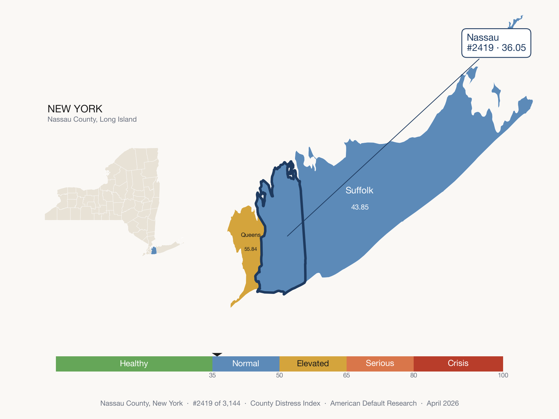 County Distress Index cluster map. Nassau County, New York and its neighbors colored by distress fifth.