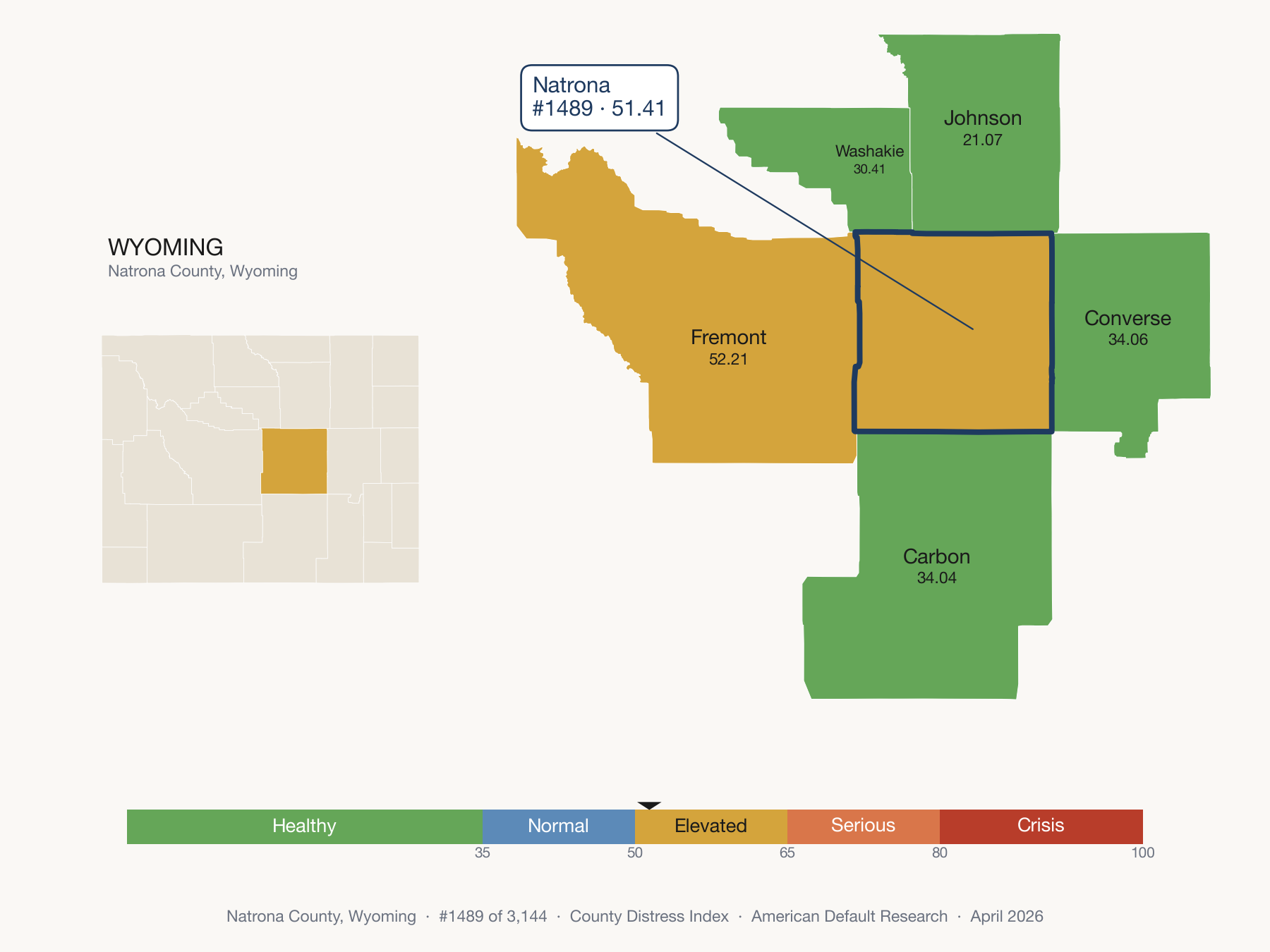 County Distress Index cluster map. Natrona County, Wyoming and its neighbors colored by distress fifth.