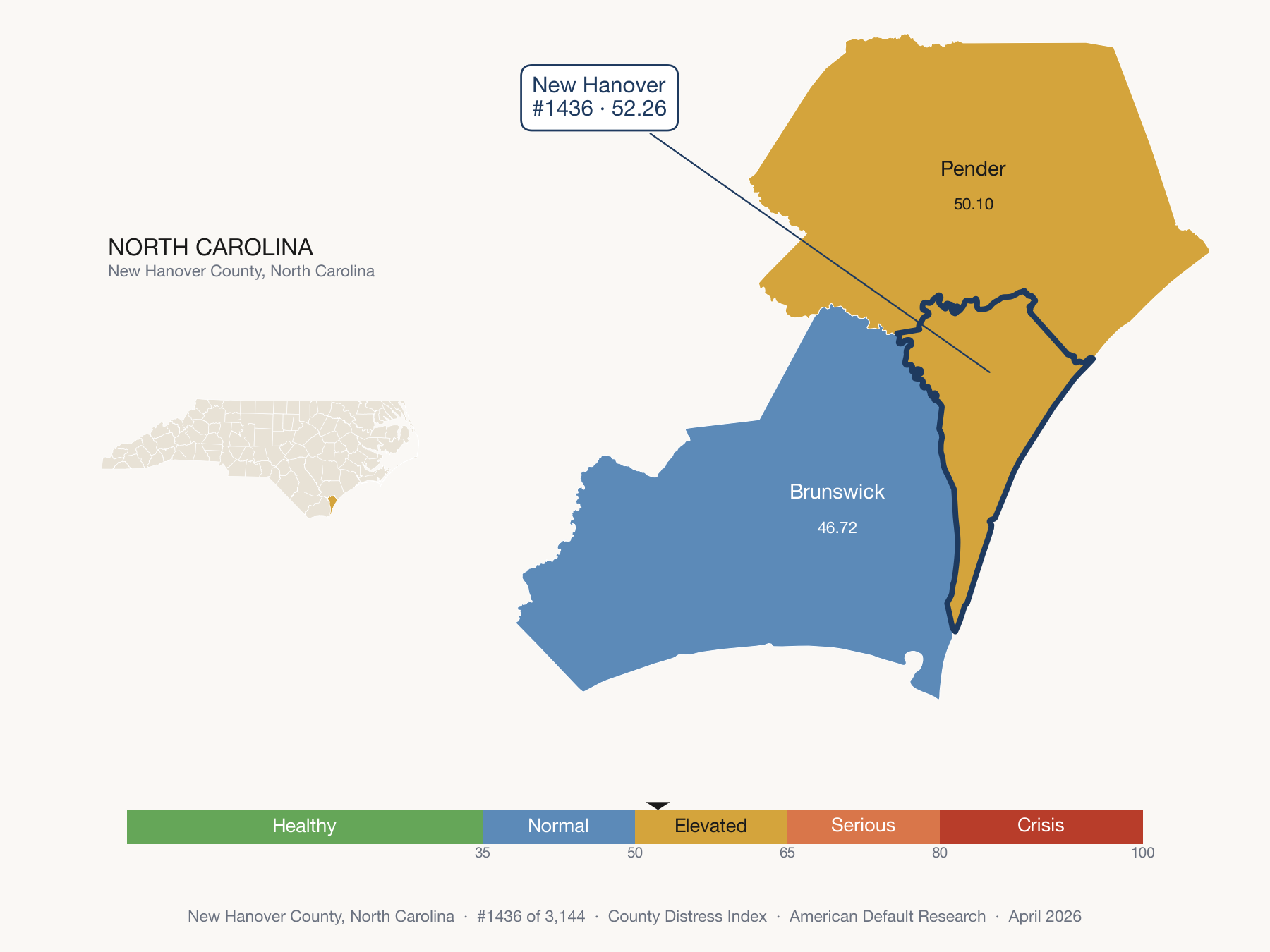 County Distress Index cluster map. New Hanover County, North Carolina and its neighbors colored by distress fifth.