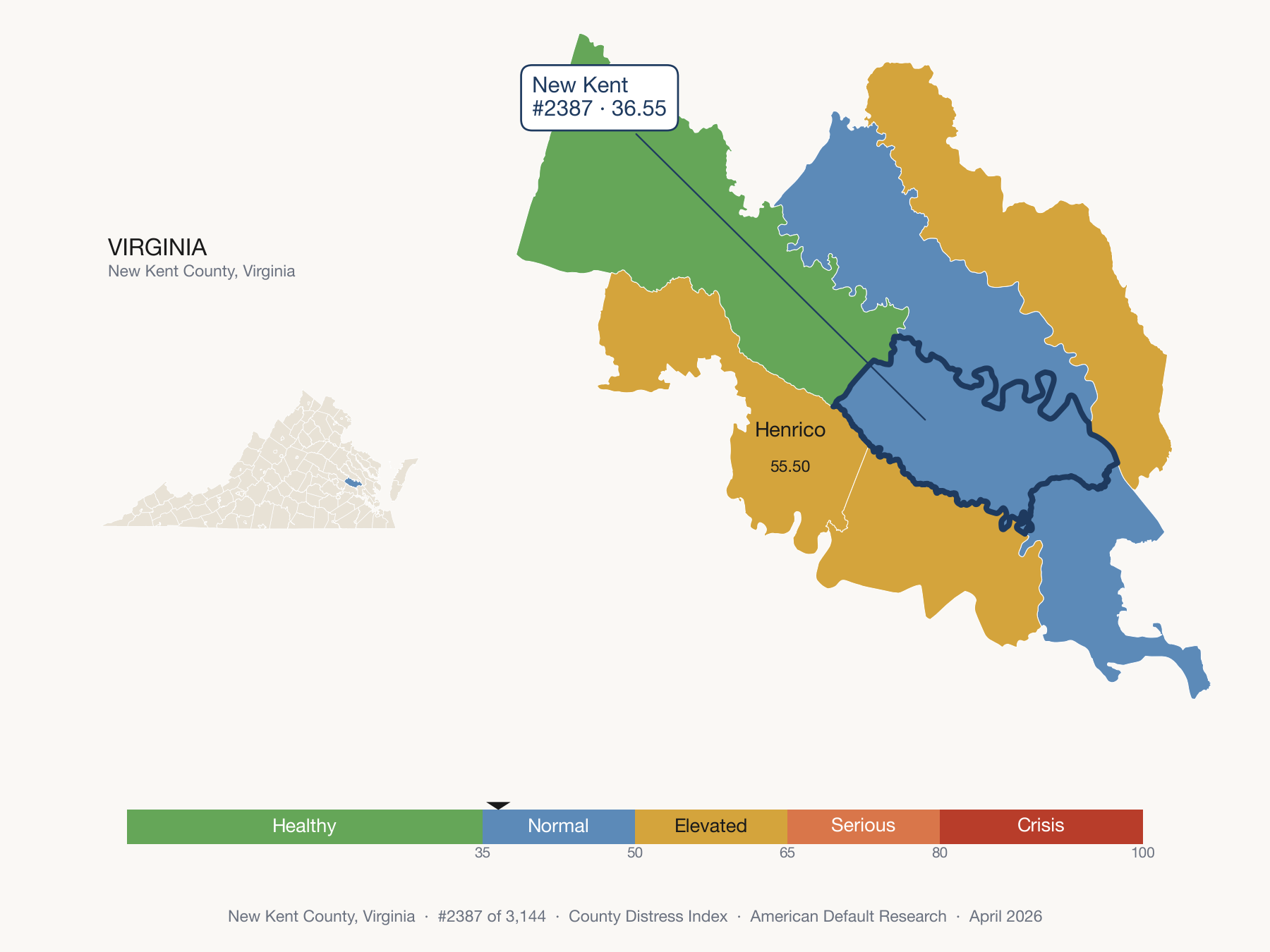 County Distress Index cluster map. New Kent County, Virginia and its neighbors colored by distress fifth.
