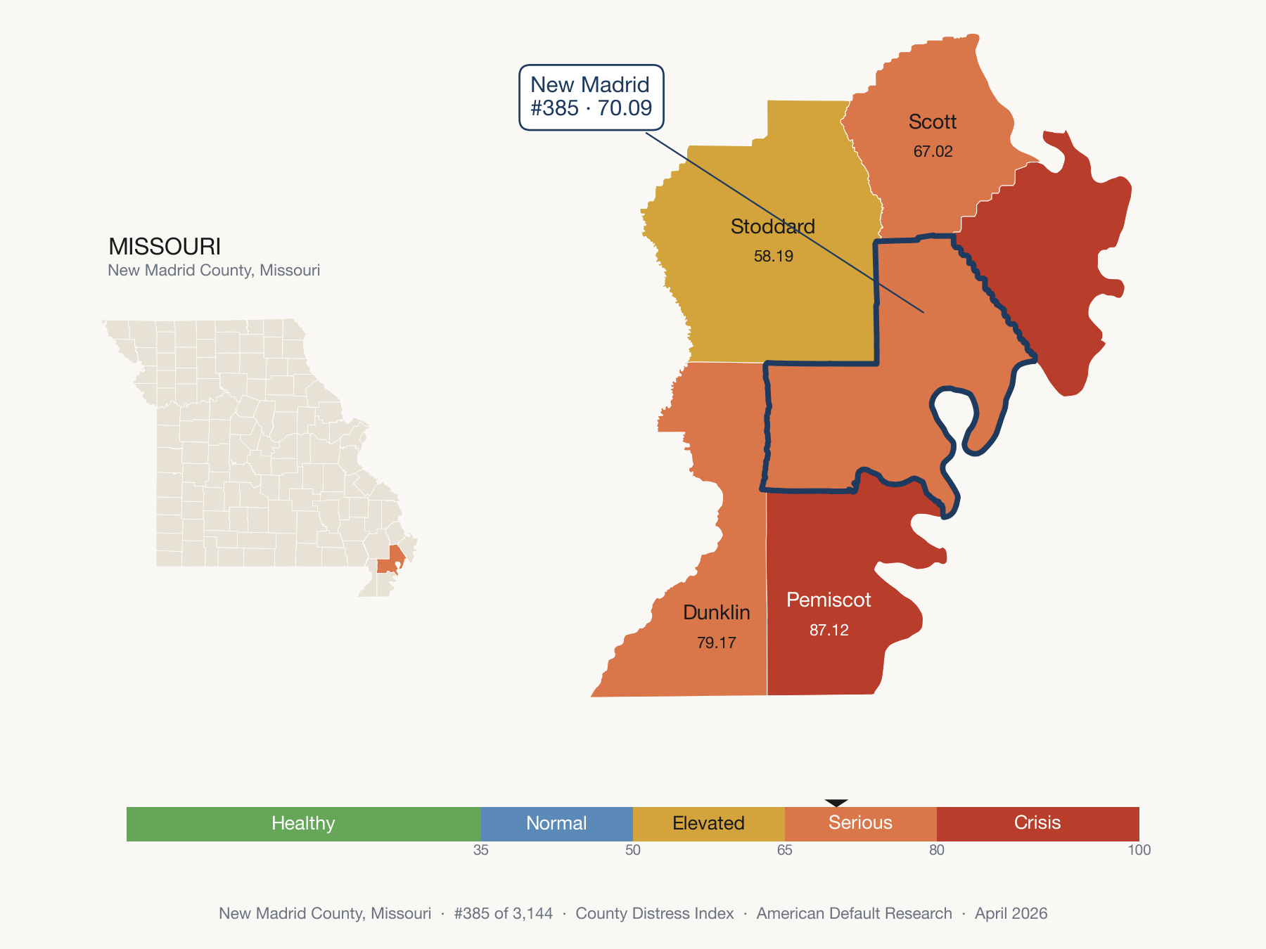 County Distress Index cluster map. New Madrid County, Missouri and its neighbors colored by distress fifth.