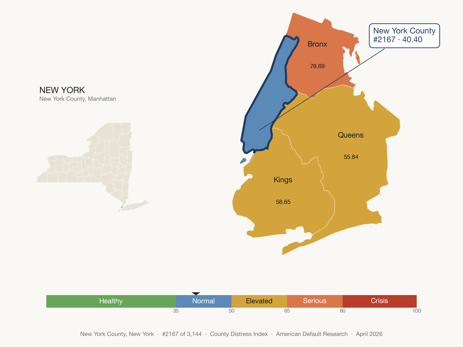 County Distress Index cluster map. New York County, New York and its neighbors colored by distress fifth.