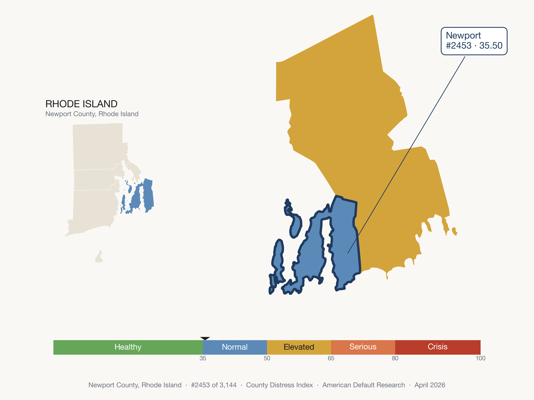 County Distress Index cluster map. Newport County, Rhode Island and its neighbors colored by distress fifth.