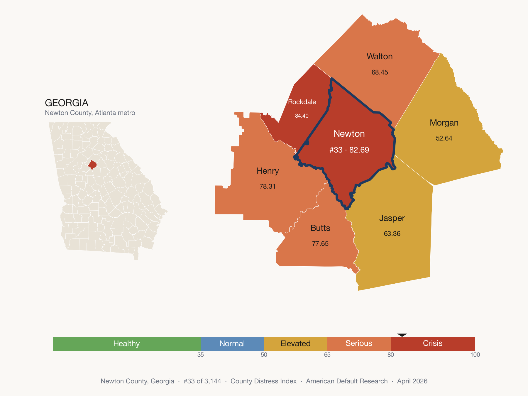 County Distress Index cluster map. Newton County, Georgia and its neighbors colored by distress fifth.