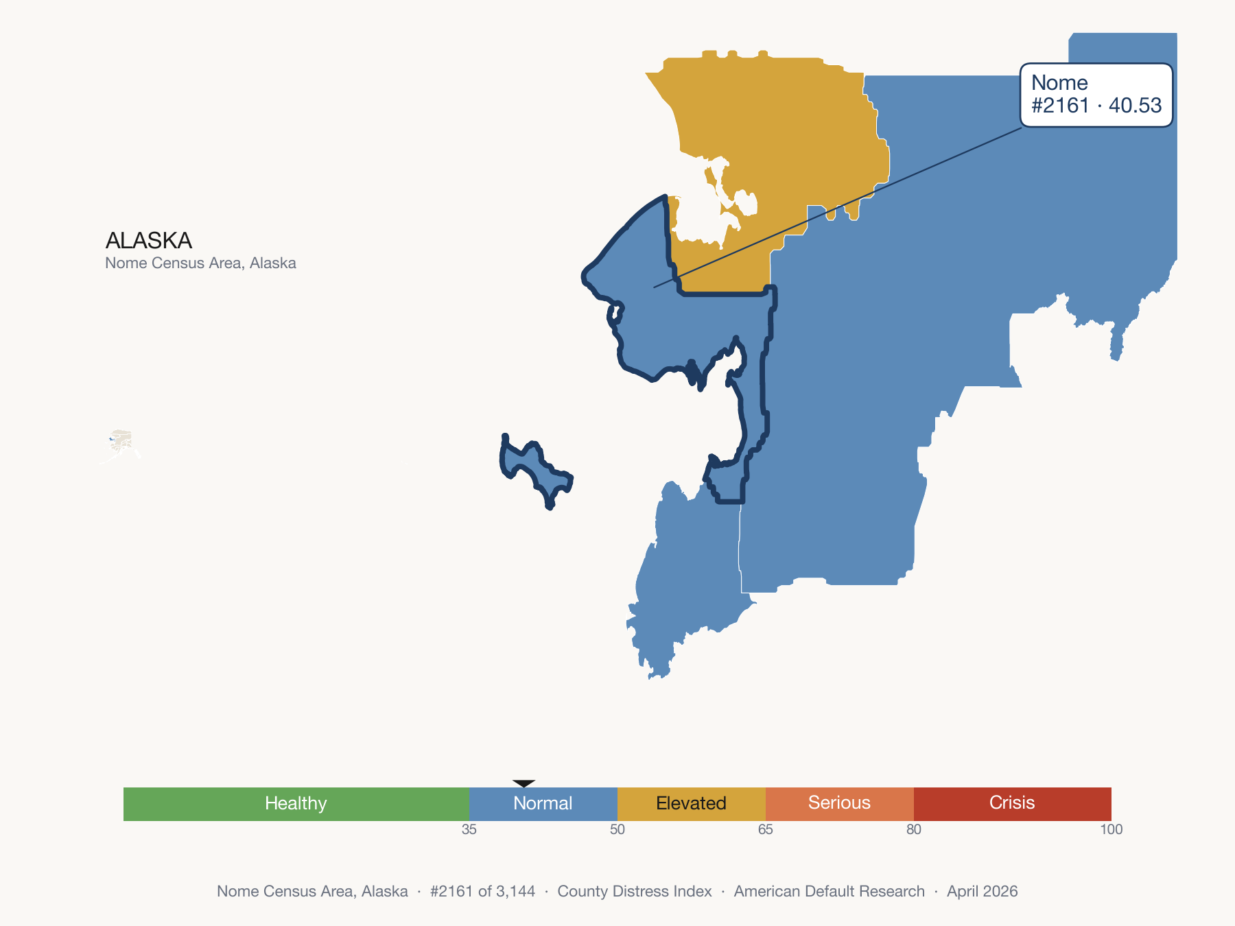 County Distress Index cluster map. Nome Census Area, Alaska and its neighbors colored by distress fifth.