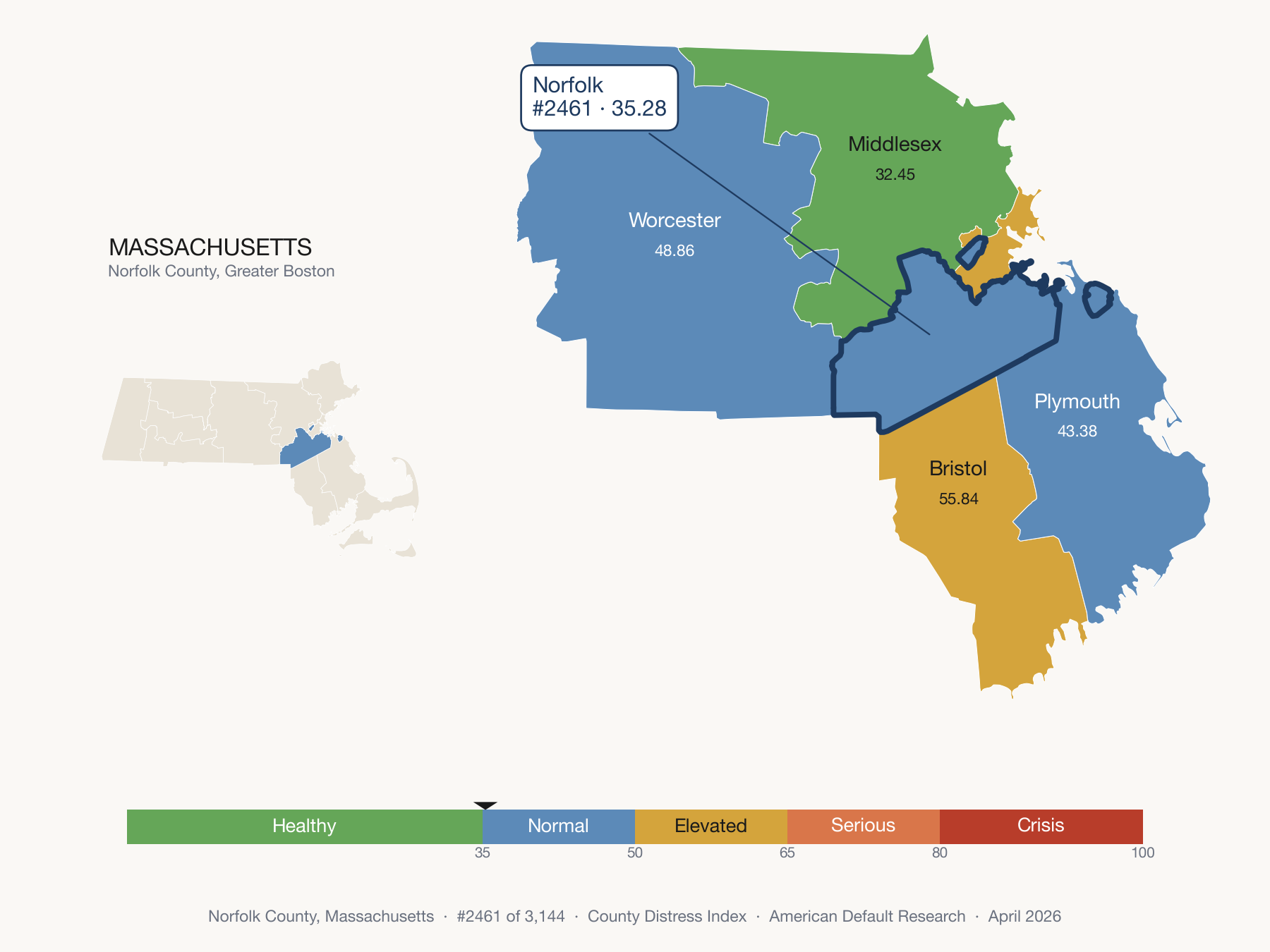 County Distress Index cluster map. Norfolk County, Massachusetts and its neighbors colored by distress fifth.