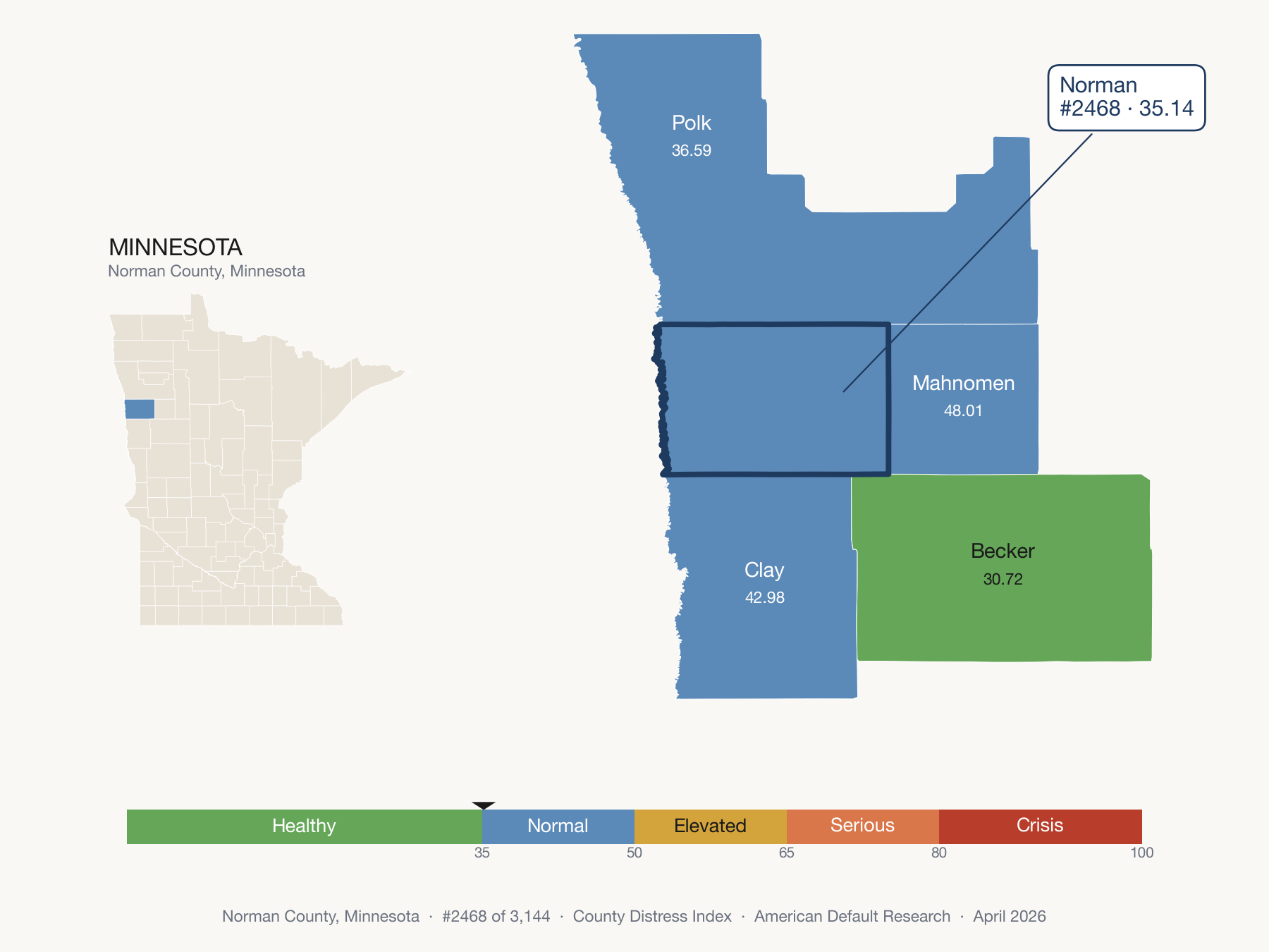 County Distress Index cluster map. Norman County, Minnesota and its neighbors colored by distress fifth.
