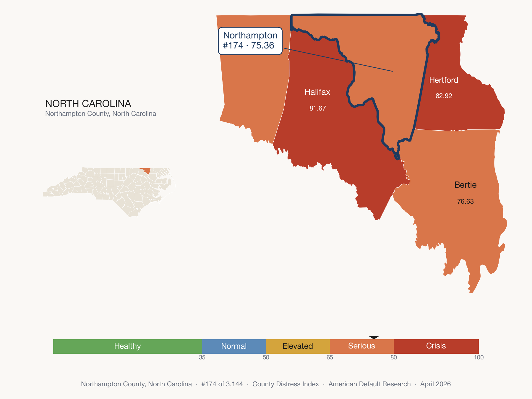County Distress Index cluster map. Northampton County, North Carolina and its neighbors colored by distress fifth.