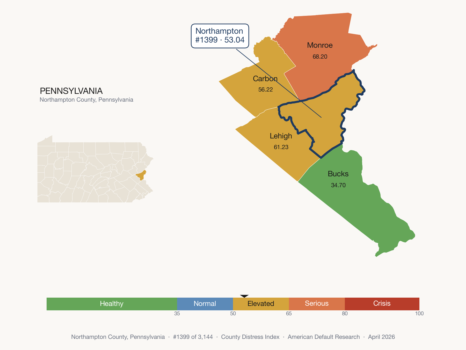 County Distress Index cluster map. Northampton County, Pennsylvania and its neighbors colored by distress fifth.