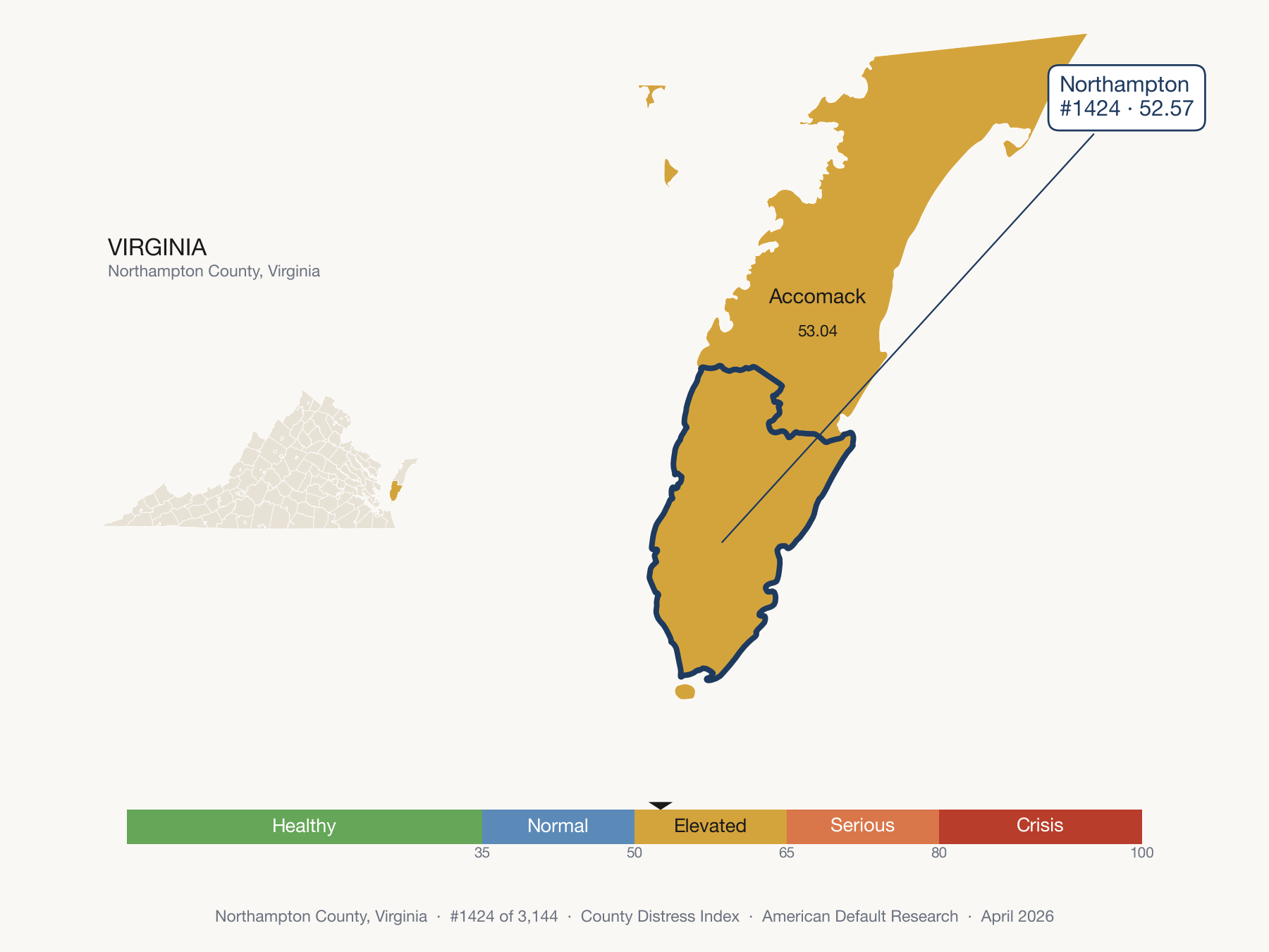 County Distress Index cluster map. Northampton County, Virginia and its neighbors colored by distress fifth.