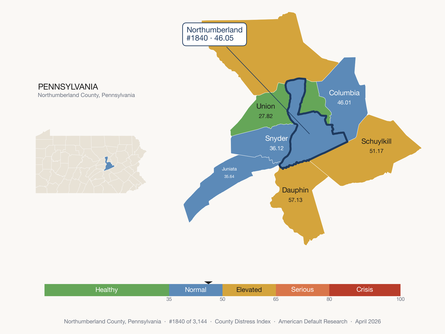 County Distress Index cluster map. Northumberland County, Pennsylvania and its neighbors colored by distress fifth.