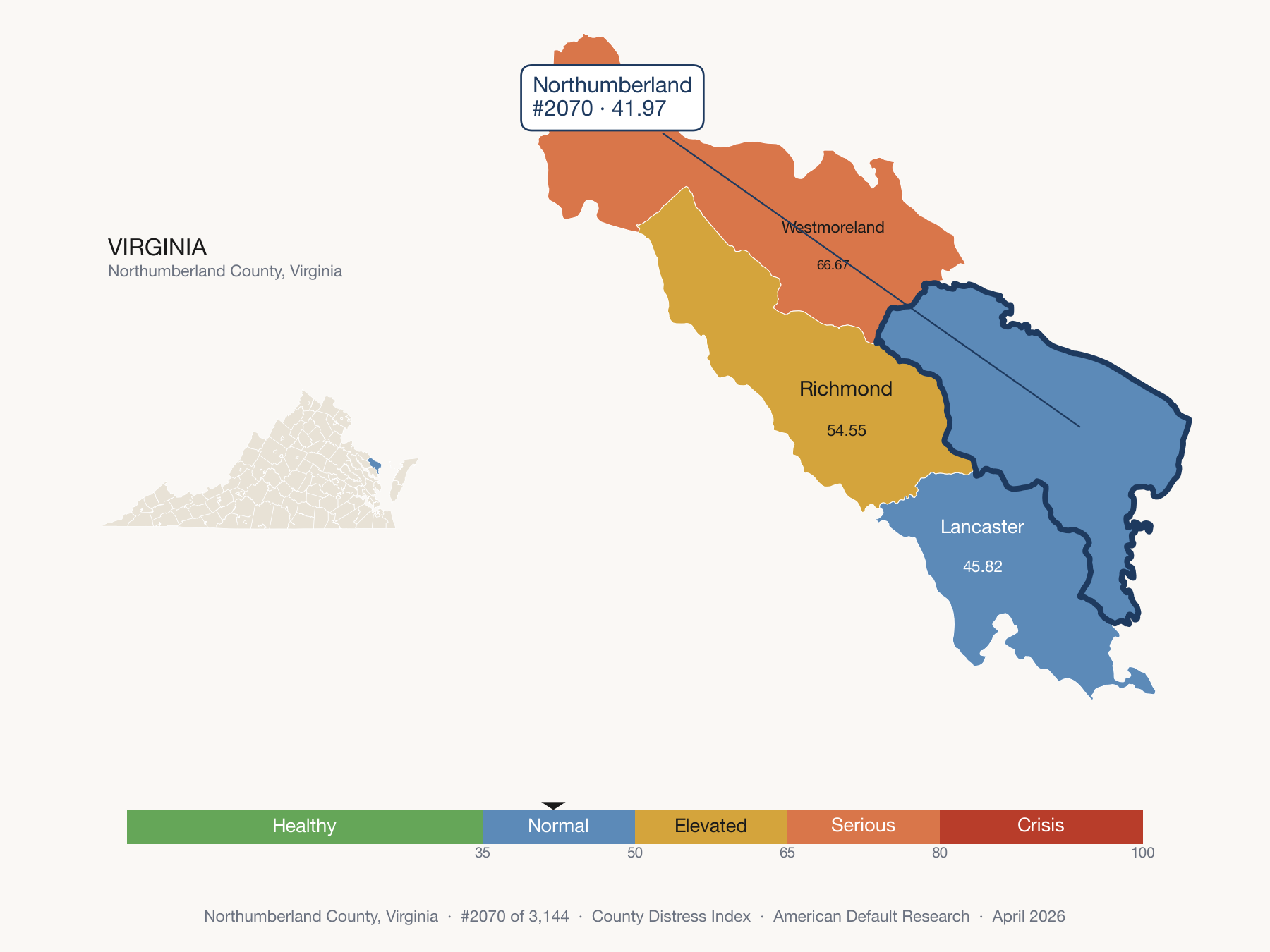 County Distress Index cluster map. Northumberland County, Virginia and its neighbors colored by distress fifth.