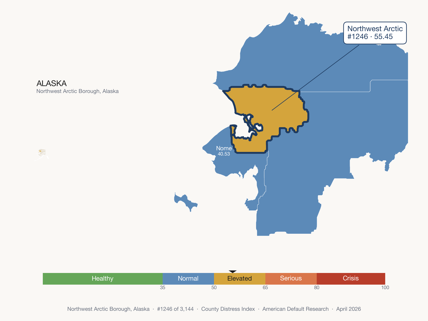 County Distress Index cluster map. Northwest Arctic Borough, Alaska and its neighbors colored by distress fifth.