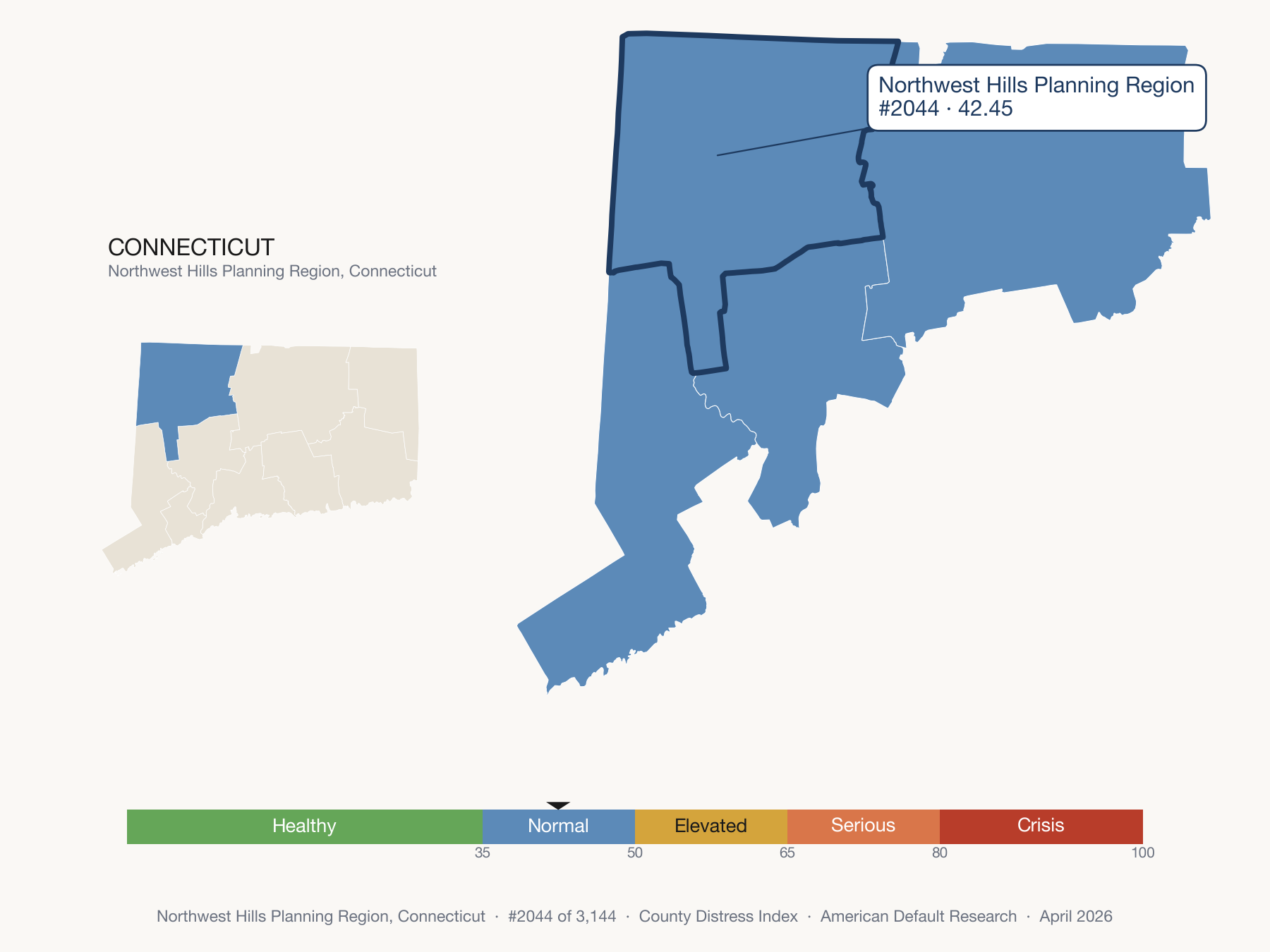 County Distress Index cluster map. Northwest Hills Planning Region, Connecticut and its neighbors colored by distress fifth.