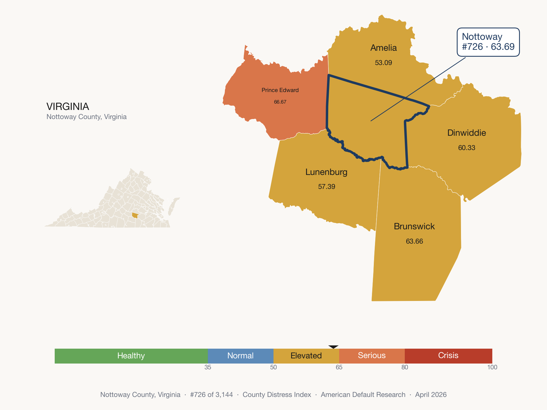 County Distress Index cluster map. Nottoway County, Virginia and its neighbors colored by distress fifth.