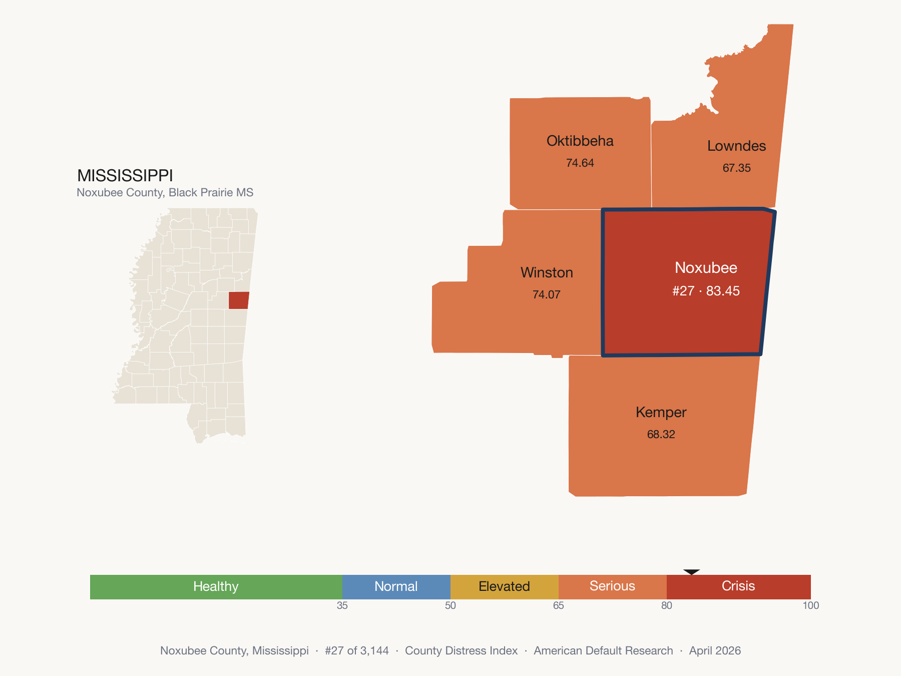 County Distress Index cluster map. Noxubee County, Mississippi and its neighbors colored by distress fifth.
