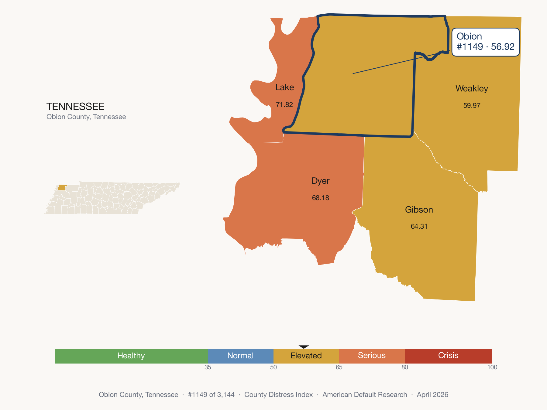 County Distress Index cluster map. Obion County, Tennessee and its neighbors colored by distress fifth.