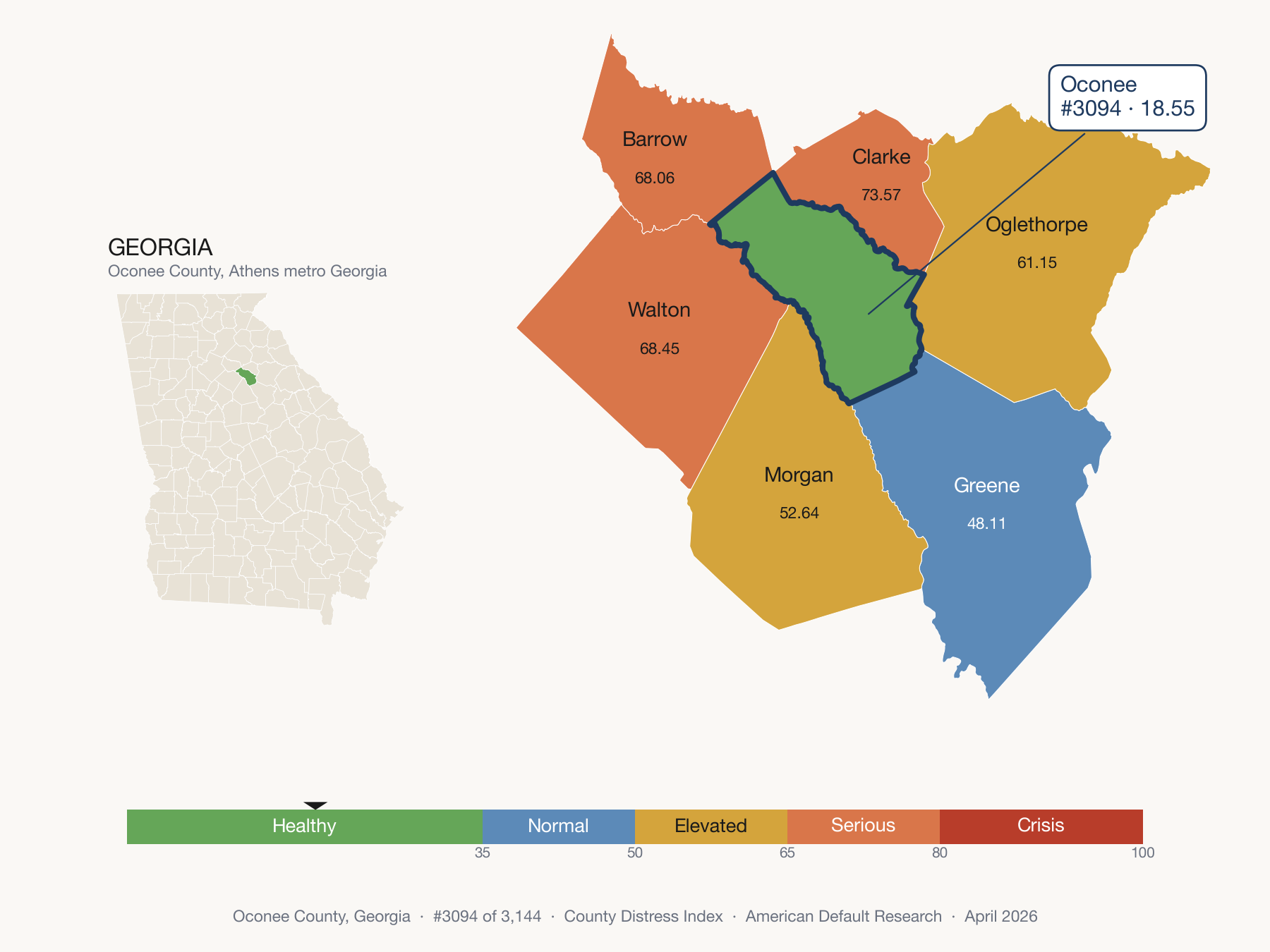 County Distress Index cluster map. Oconee County, Georgia and its neighbors colored by distress fifth.