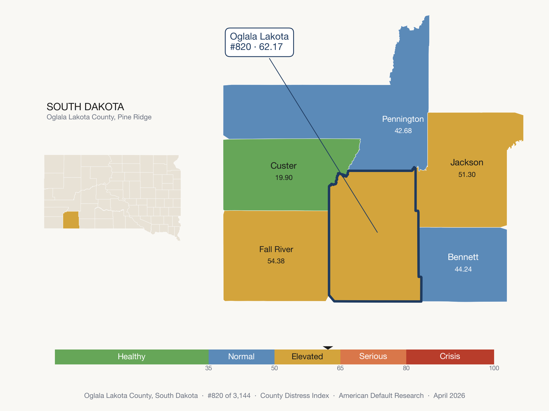 County Distress Index cluster map. Oglala Lakota County, South Dakota and its neighbors colored by distress fifth.