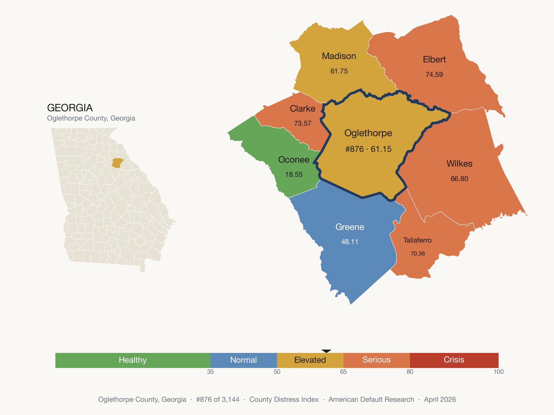County Distress Index cluster map. Oglethorpe County, Georgia and its neighbors colored by distress fifth.