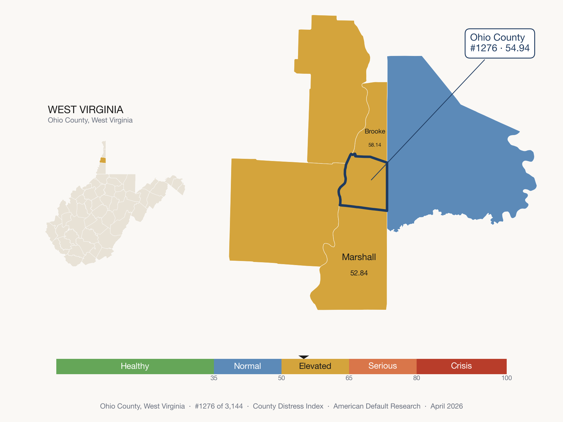 County Distress Index cluster map. Ohio County, West Virginia and its neighbors colored by distress fifth.