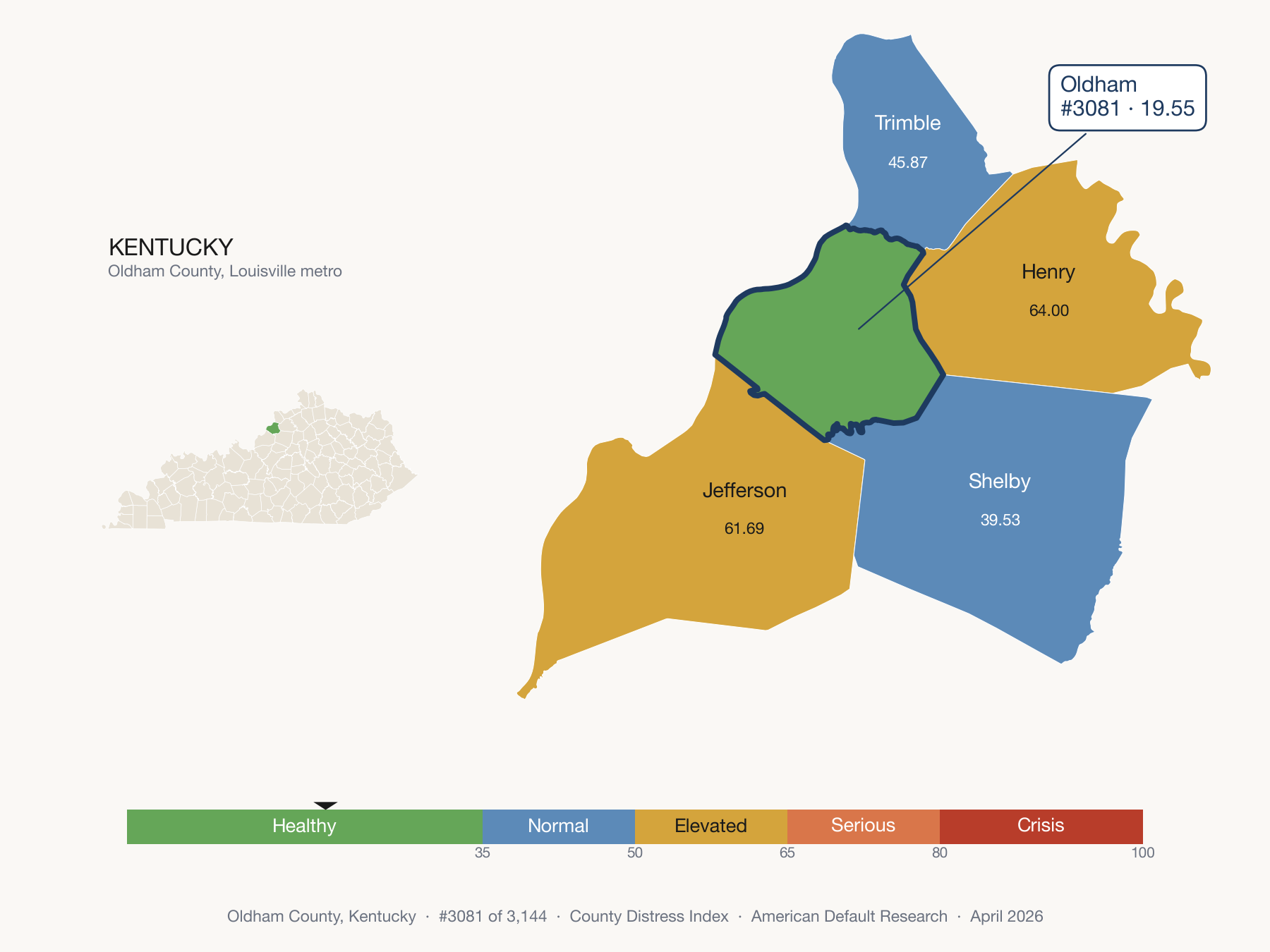 County Distress Index cluster map. Oldham County, Kentucky and its neighbors colored by distress fifth.