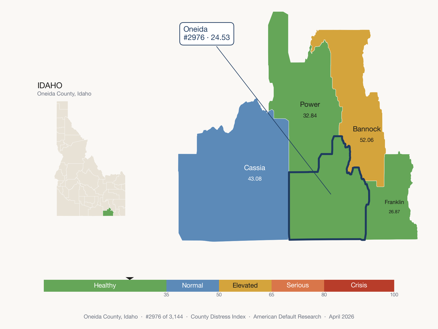County Distress Index cluster map. Oneida County, Idaho and its neighbors colored by distress fifth.