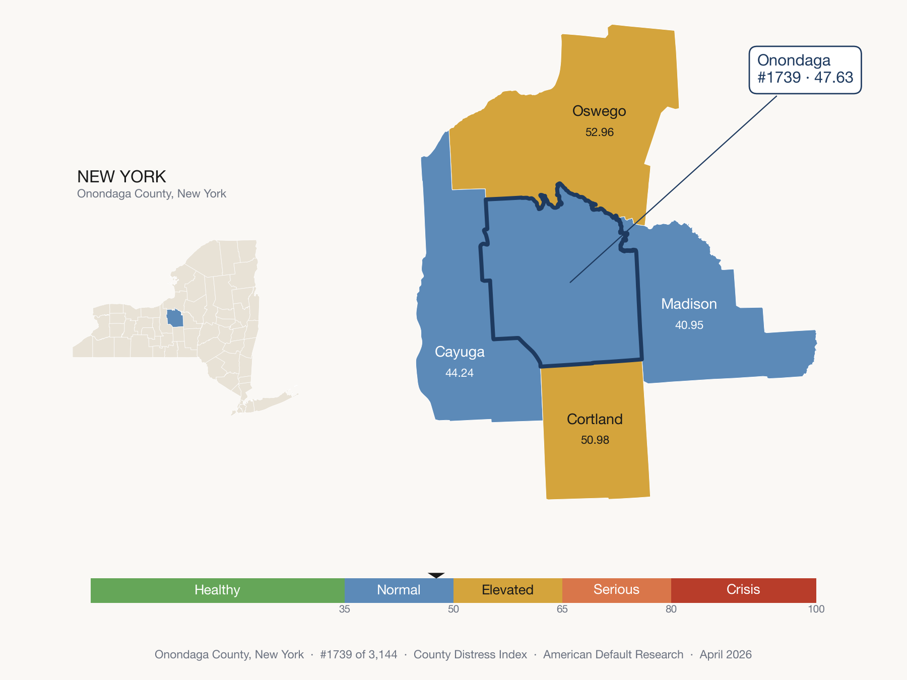 County Distress Index cluster map. Onondaga County, New York and its neighbors colored by distress fifth.