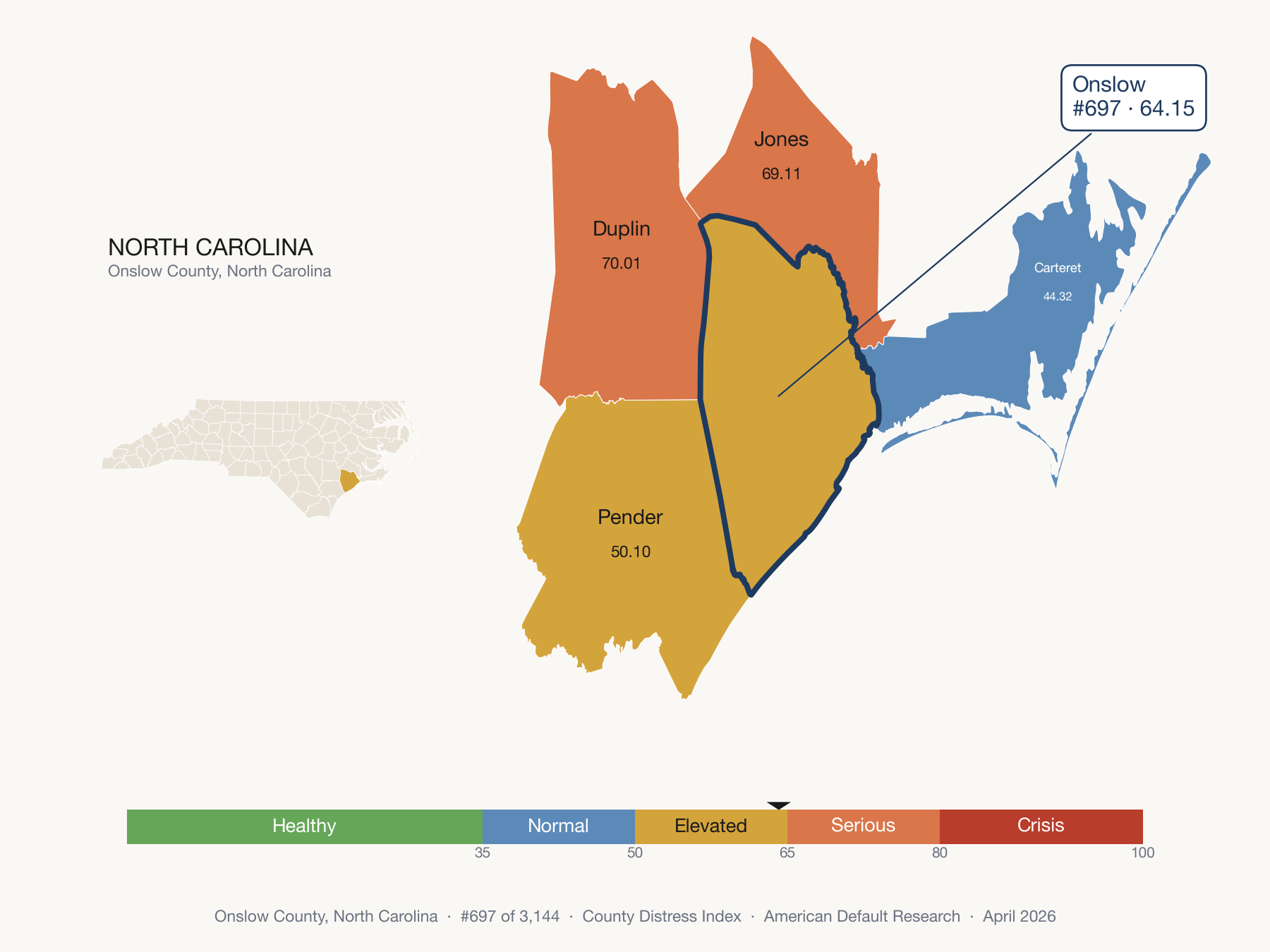 County Distress Index cluster map. Onslow County, North Carolina and its neighbors colored by distress fifth.