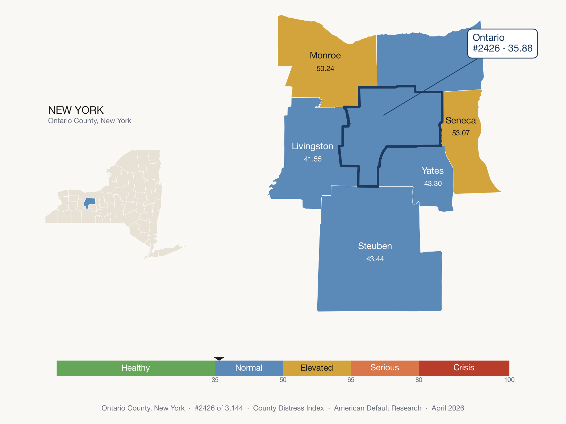 County Distress Index cluster map. Ontario County, New York and its neighbors colored by distress fifth.