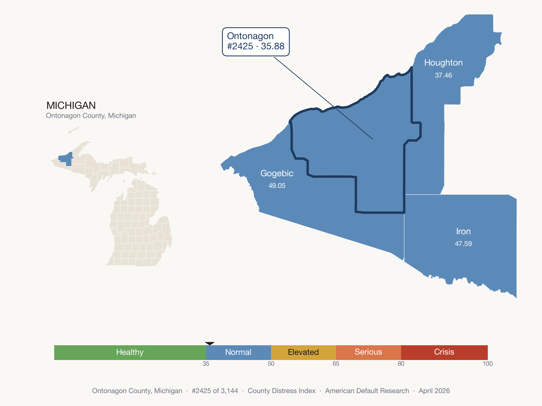 County Distress Index cluster map. Ontonagon County, Michigan and its neighbors colored by distress fifth.