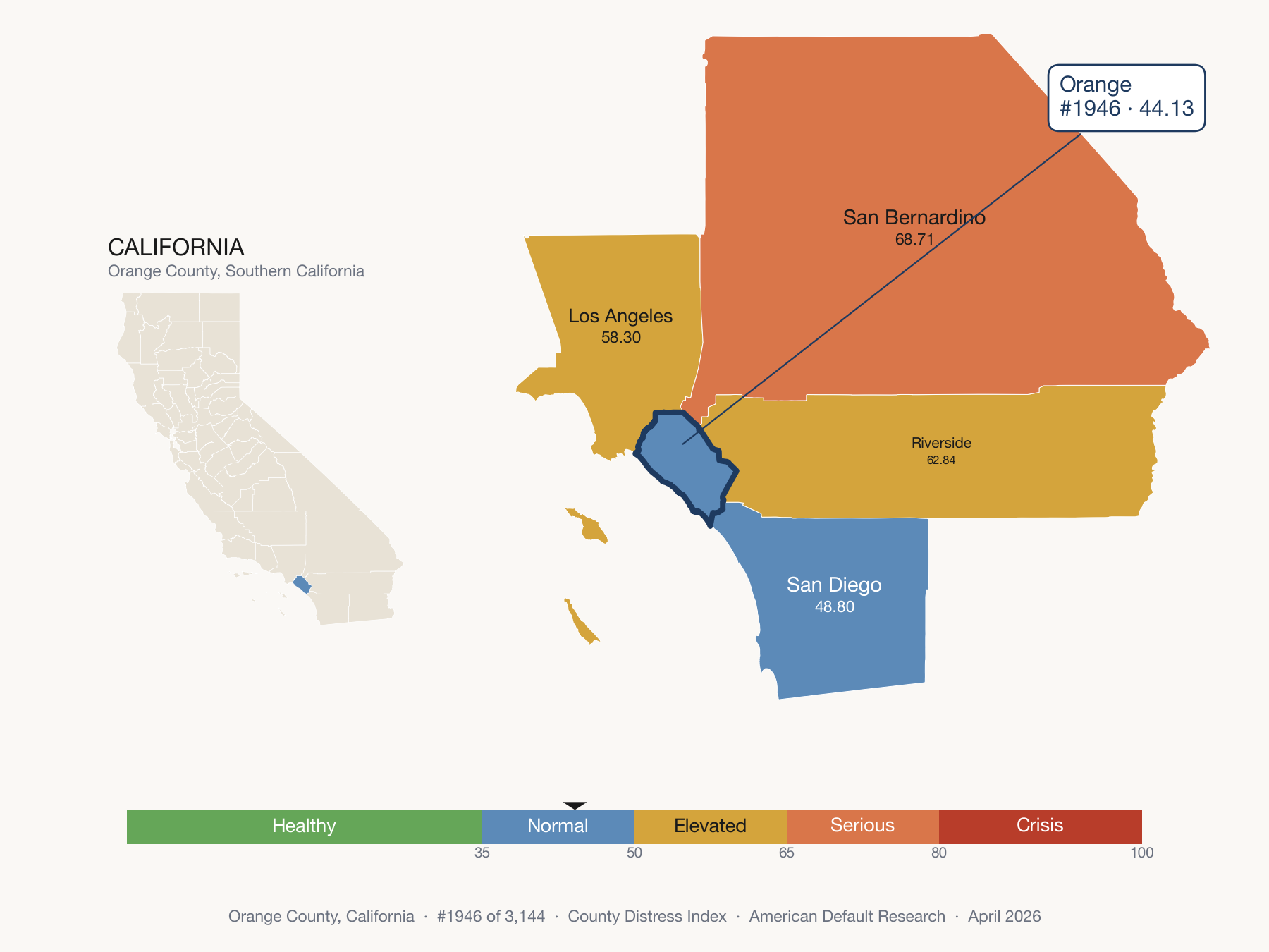 County Distress Index cluster map. Orange County, California and its neighbors colored by distress fifth.